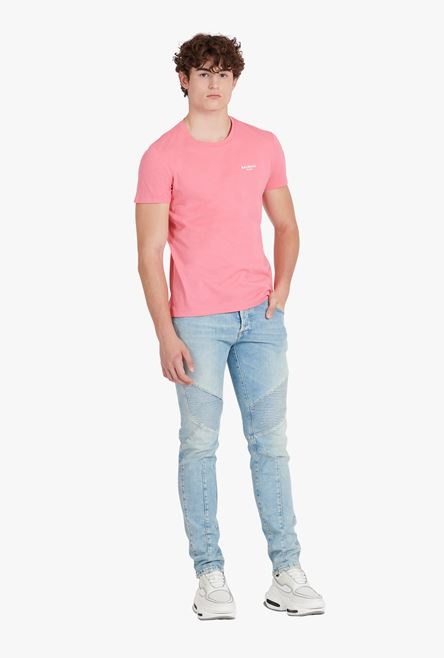 Taupe eco-designed cotton T-shirt with small flocked white Balmain Paris logo - 2