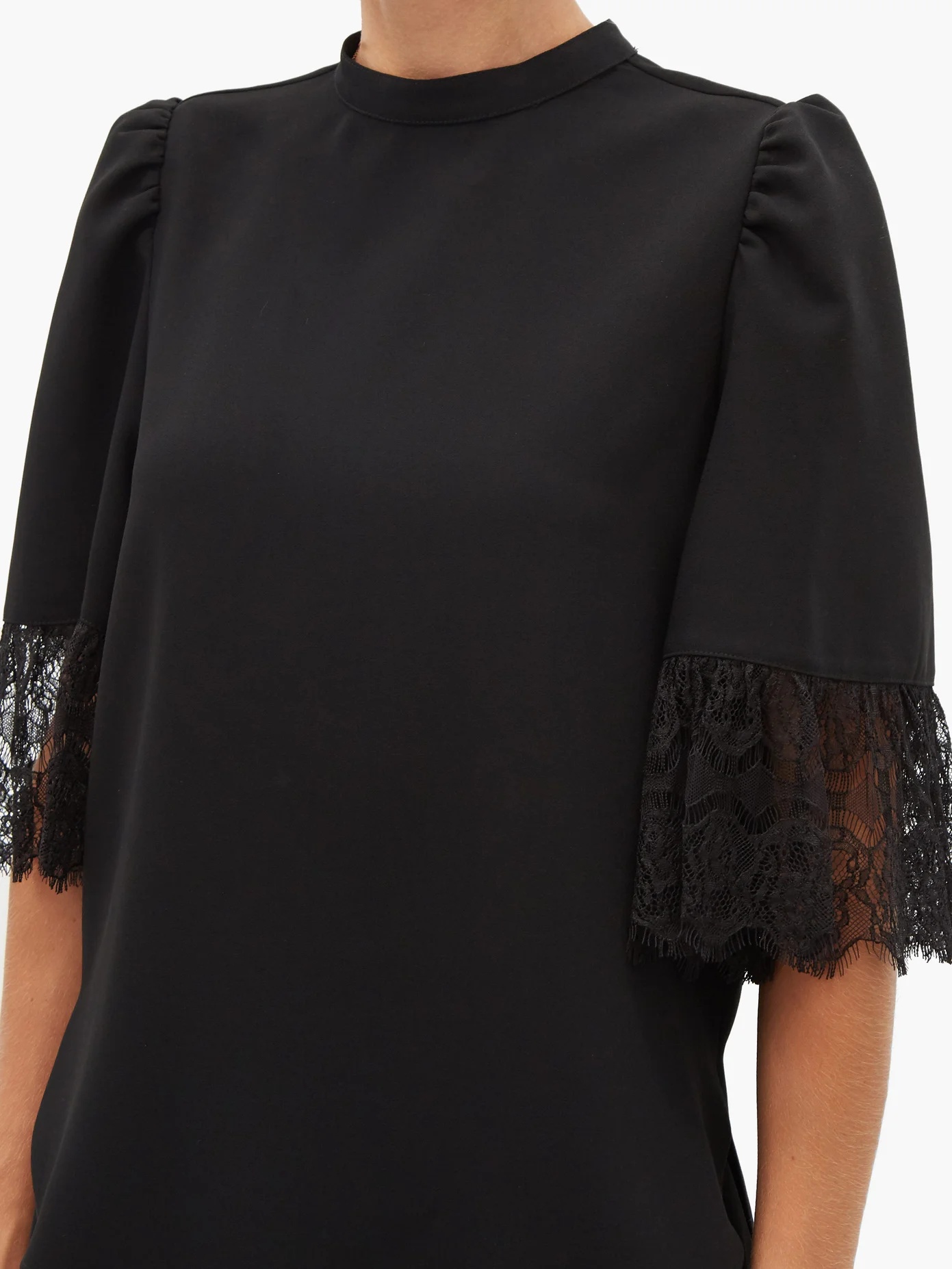 Lace-trimmed bell-sleeved crepe blouse - 3