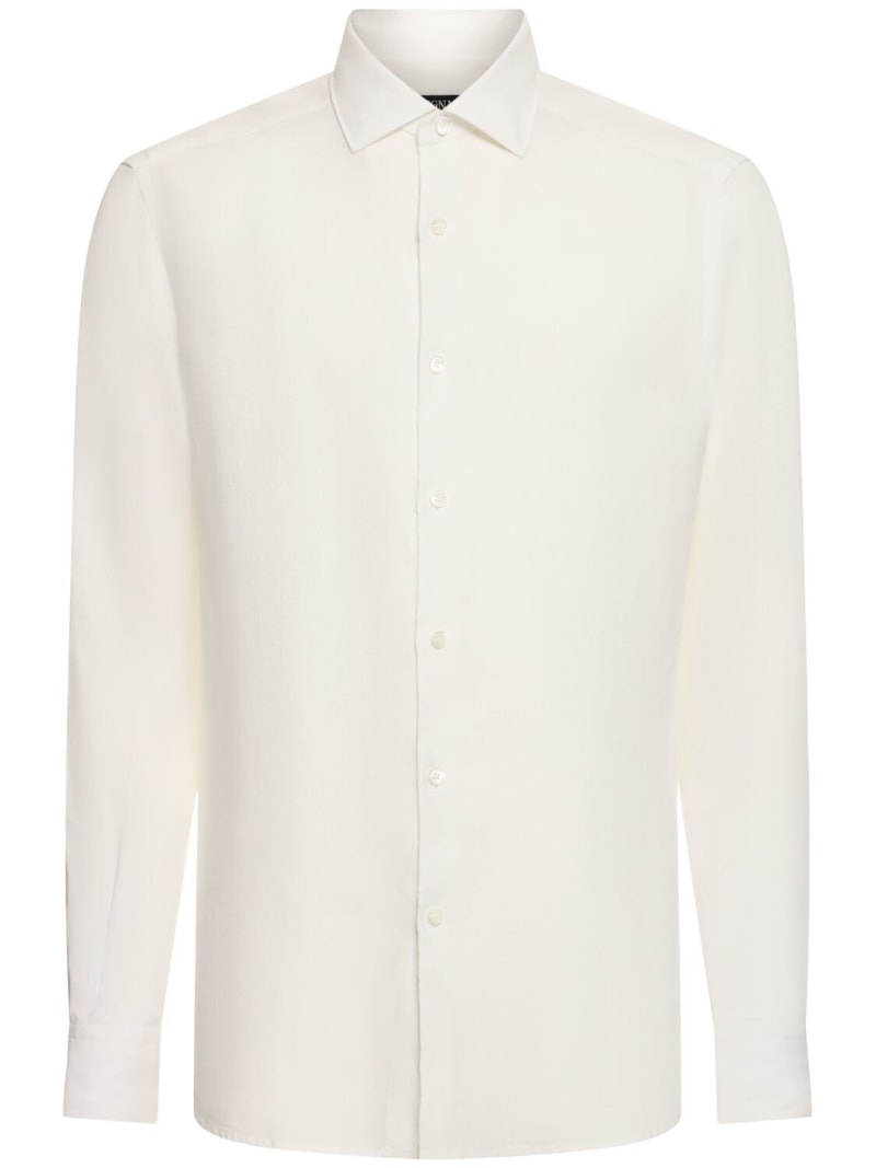 Solid pure linen long sleeve shirt - 1