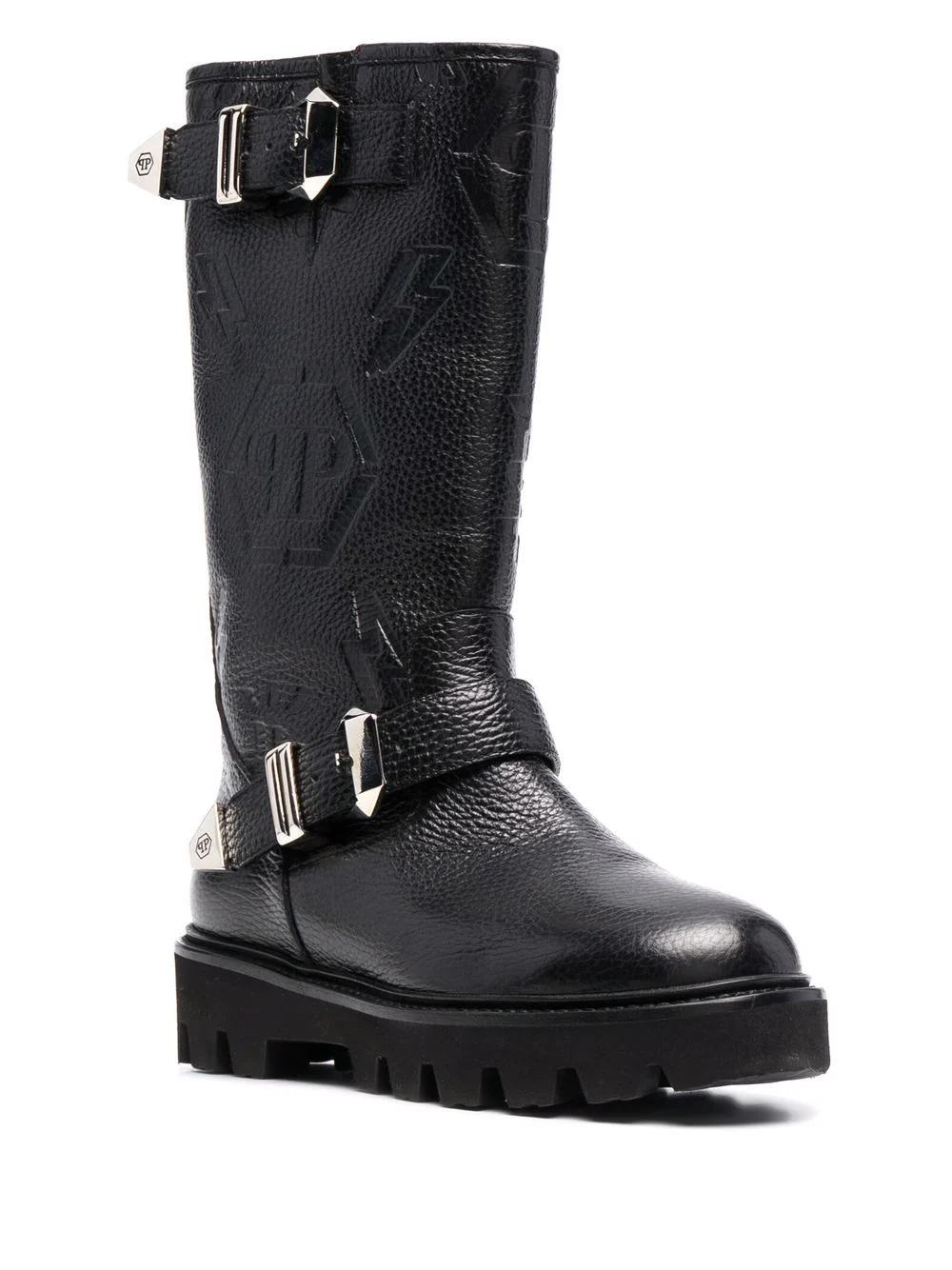 Biker monogram-debossed leather boots - 2