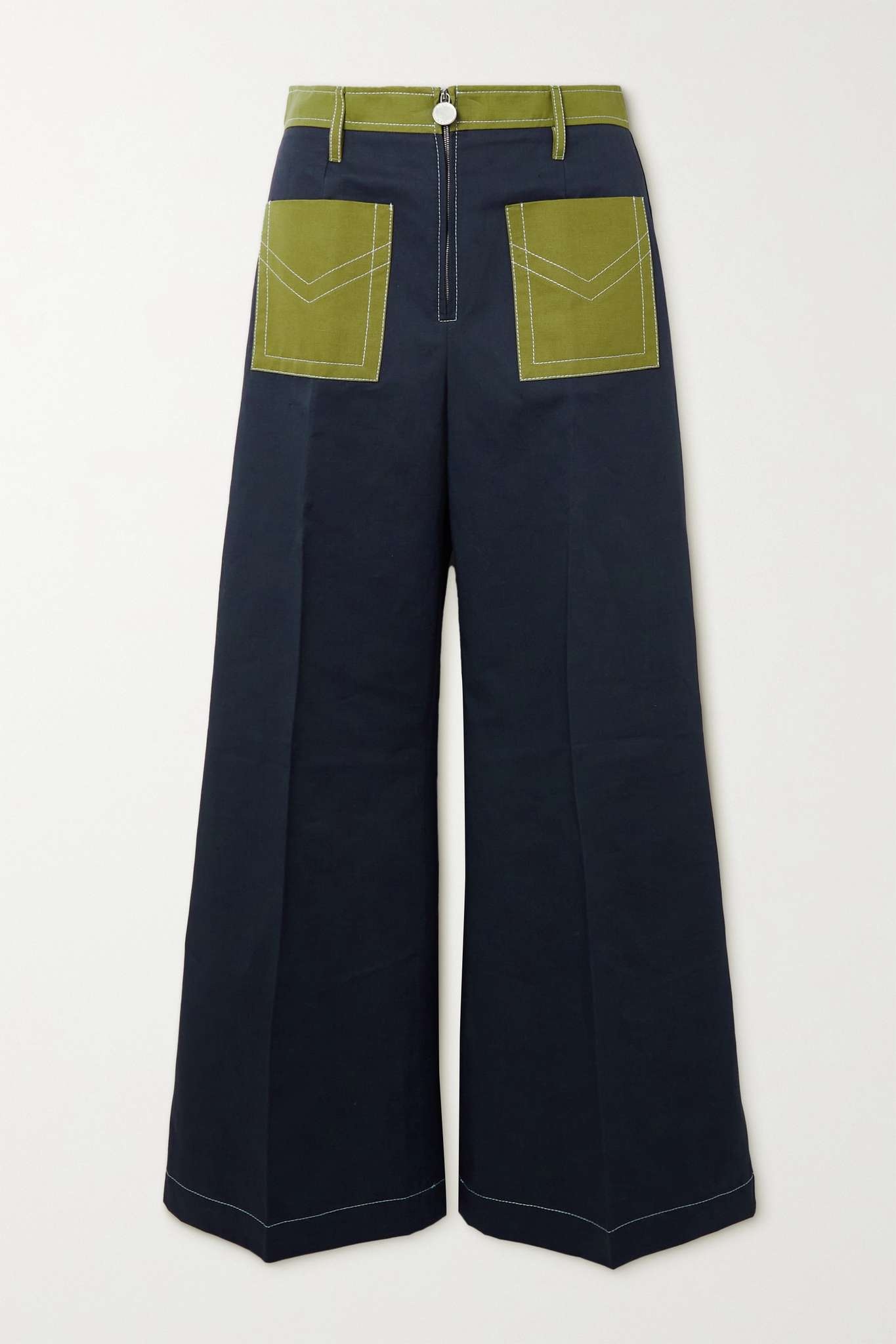 Two-tone cotton and linen-blend twill wide-leg pants - 1