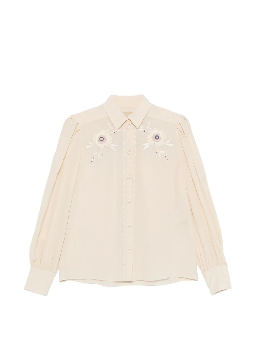 floral-embroidered pleated-sleeve blouse - 1