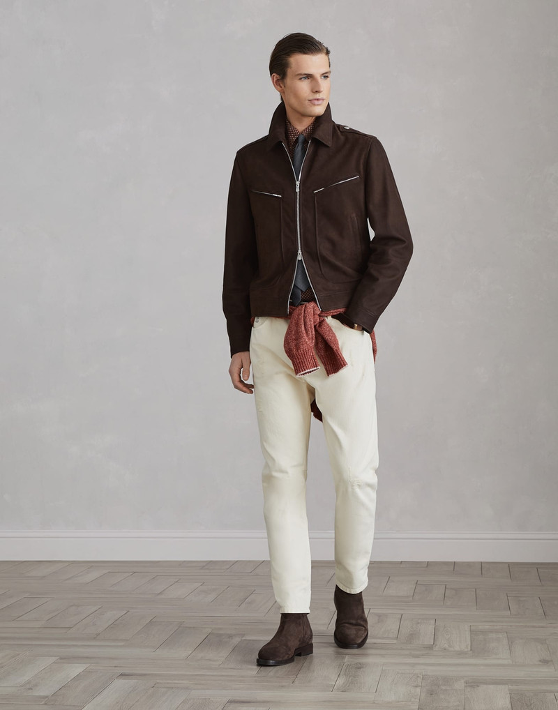 Garment-dyed slubbed denim leisure fit five-pocket trousers with rips 4