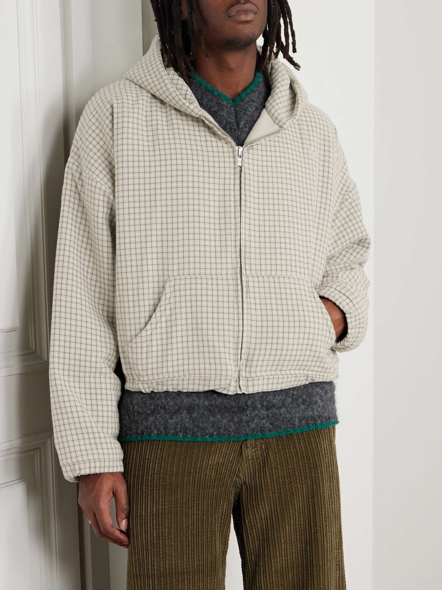 ERL Padded Checked Logo-Appliquéd Cotton-Jersey Hooded Jacket 