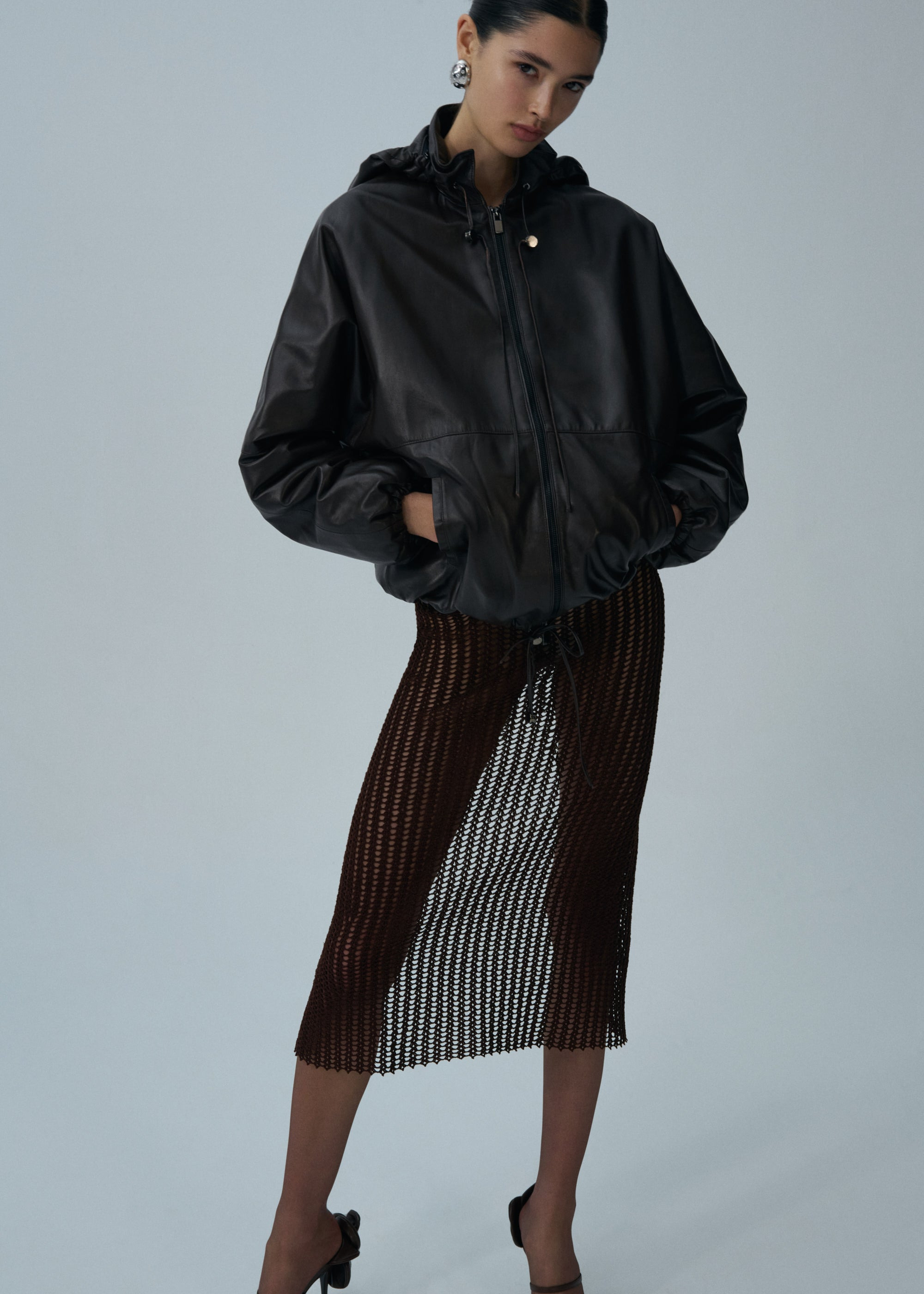 Hooded zip-up jacket in brown leather - 3