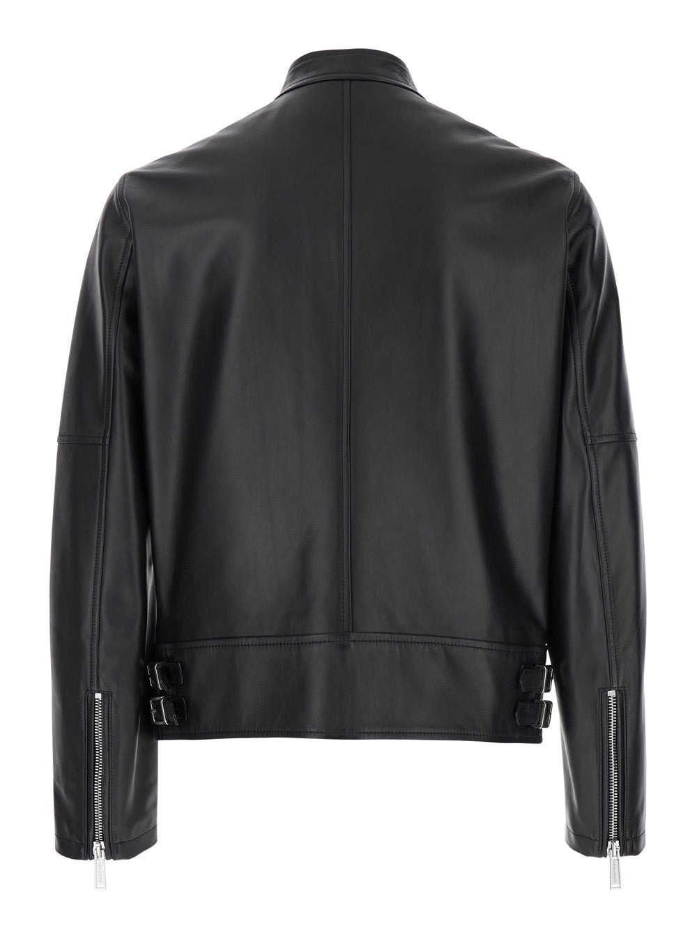 Dsquared2 Men Black Biker Jacket With Mandarin Collar And Waist Straps In Leather Man - 2