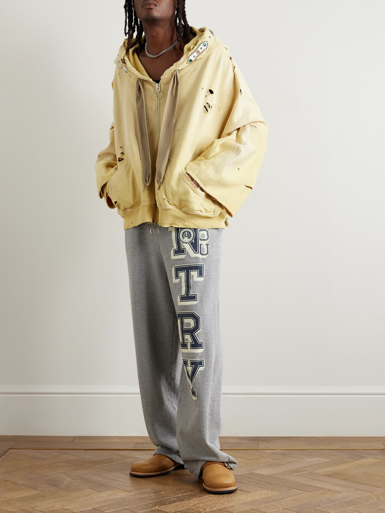Embelished Distressed Cotton-Jersey Zip-Up Hoodie Yellow - 2