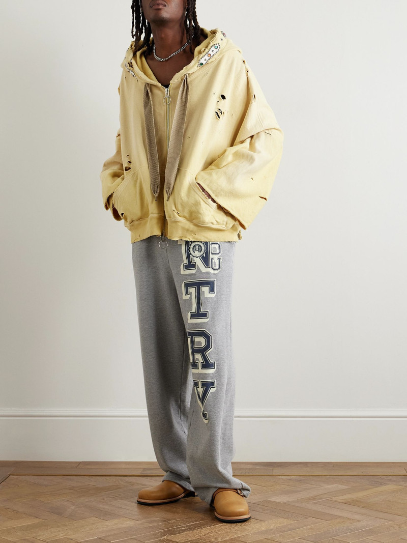 Kapital Embelished Distressed Cotton-Jersey Zip-Up Hoodie Yellow outlook