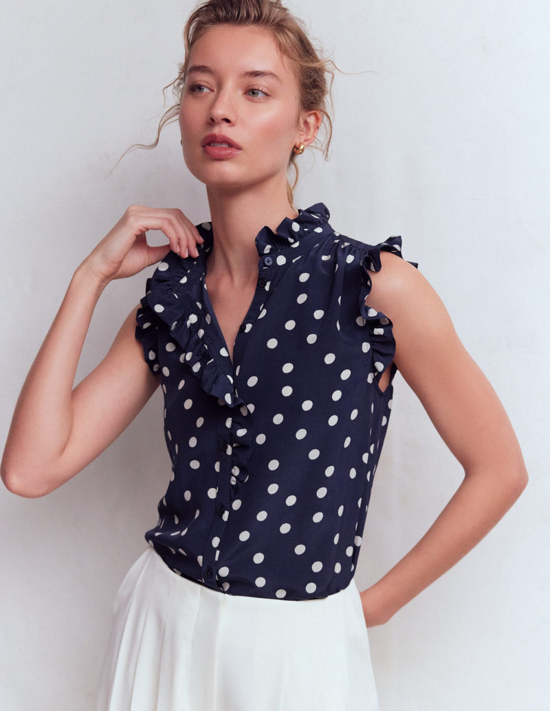 Isabel Sleeveless Silk Top-French Navy, Painted Dot 6