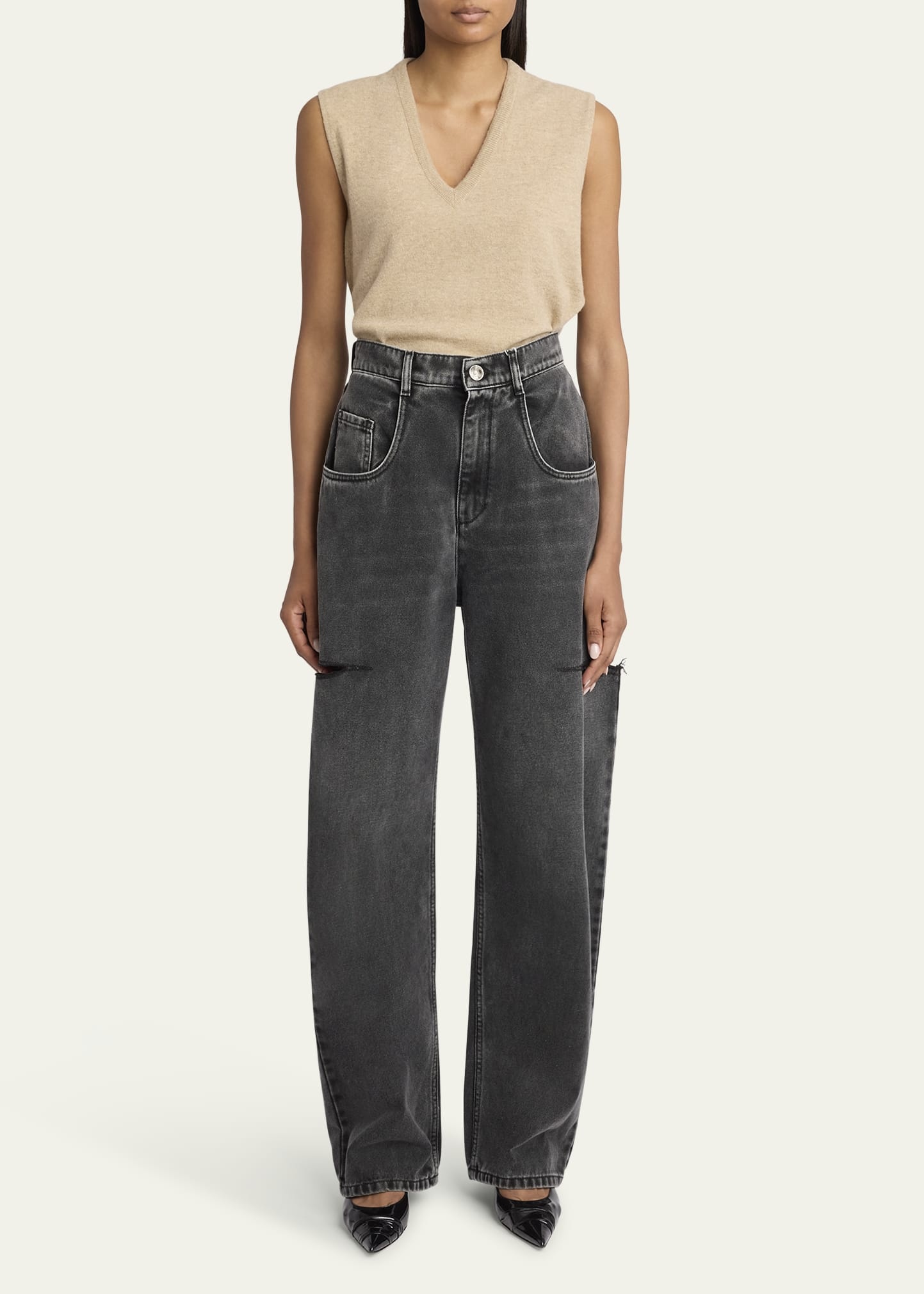 Slit Denim Pants - 2