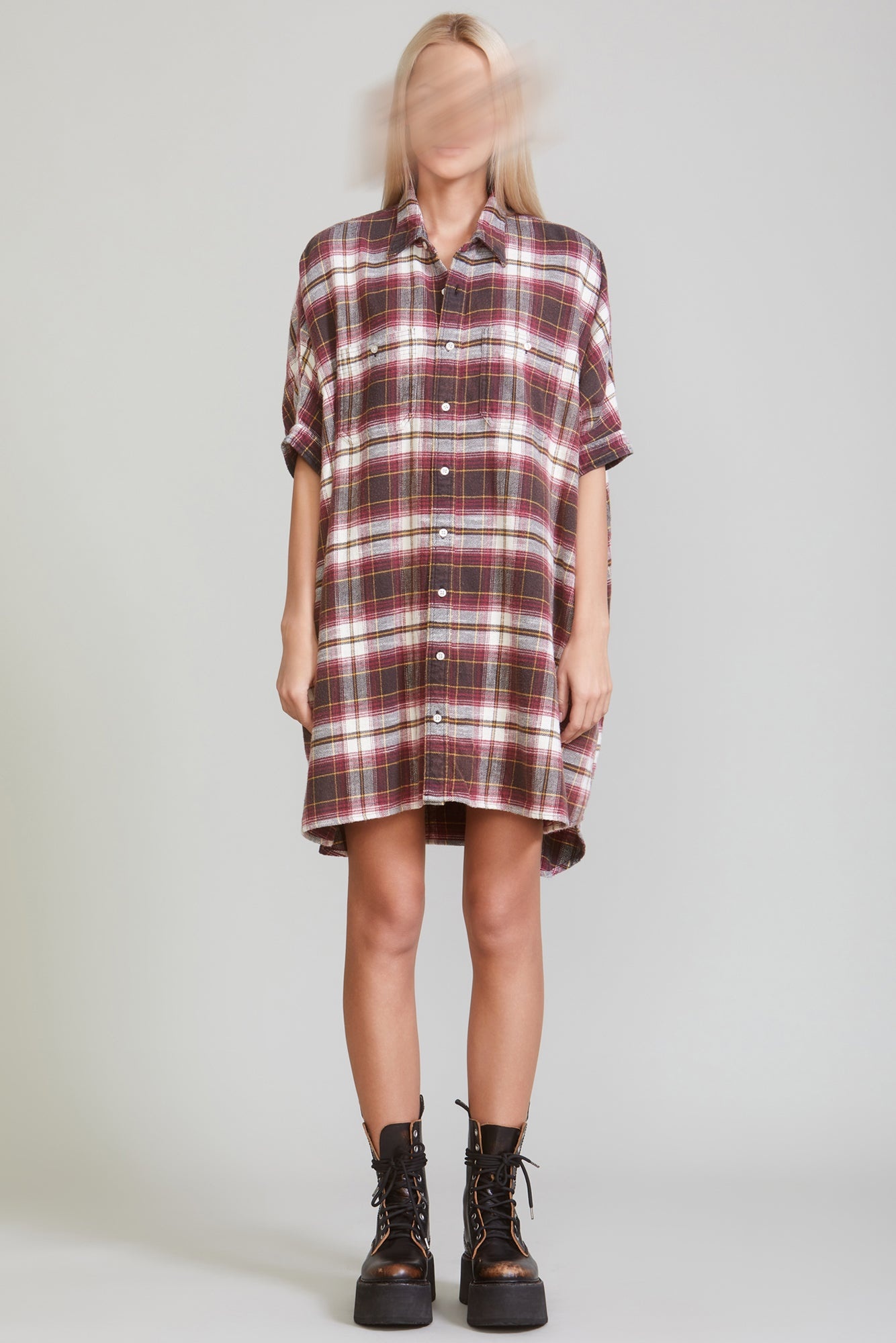 PLAID OVERSIZED BOXY SHIRTDRESS - ECRU/MAROON PLAID - 2