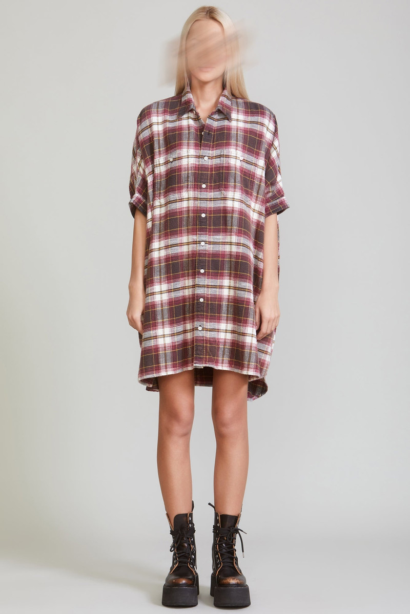 R13 PLAID OVERSIZED BOXY SHIRTDRESS - ECRU/MAROON PLAID outlook