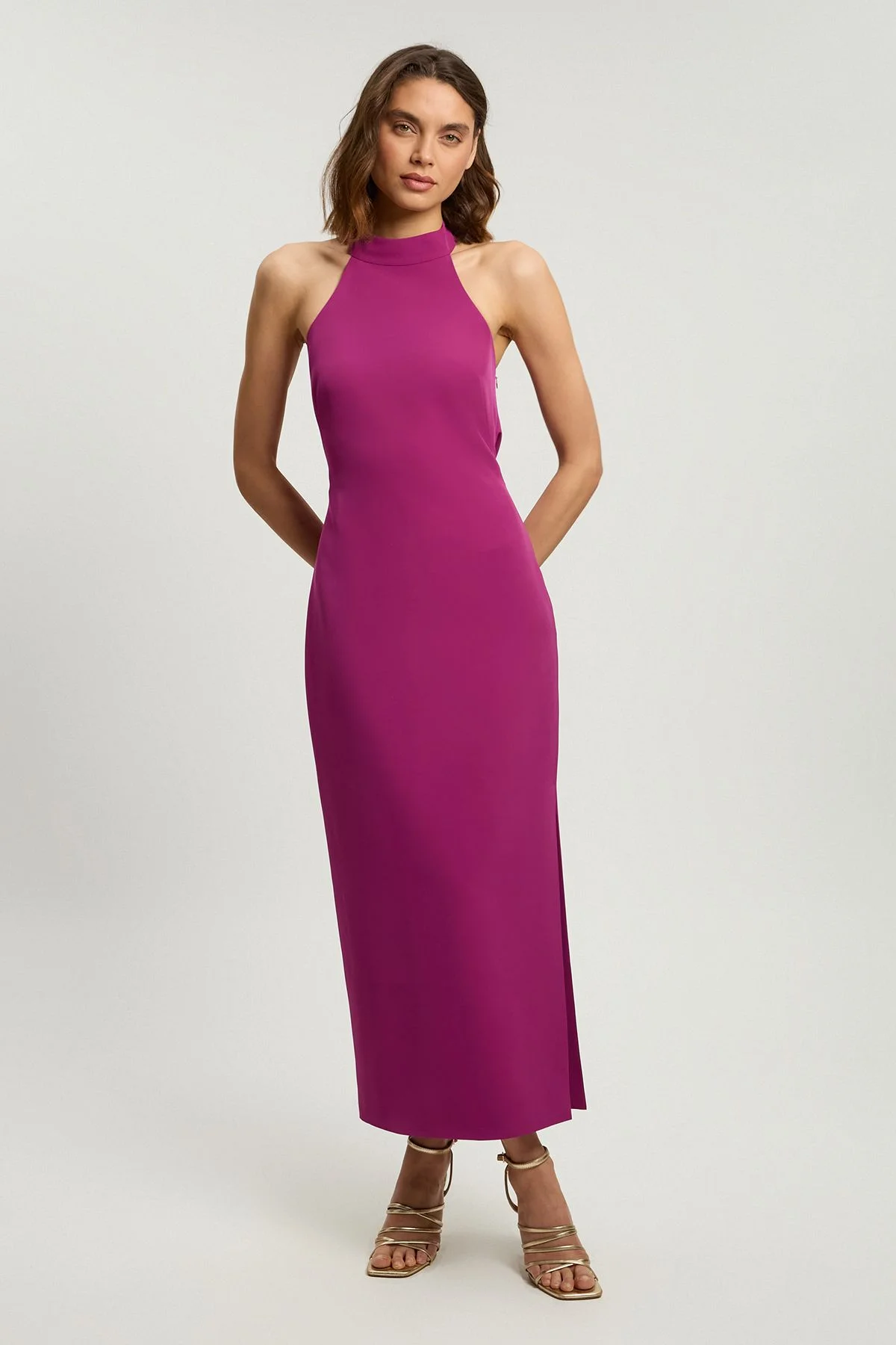 Petite Soft Tailored Halter Neck Open Back Maxi Dress - 1