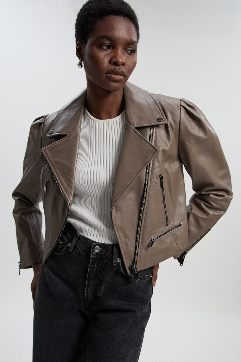 KAREN MILLEN Leather Strong Shoulder Crop Biker Jacket outlook