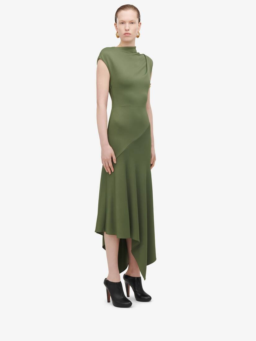 Women's Asymmetric Midi Dress in Khaki - 3