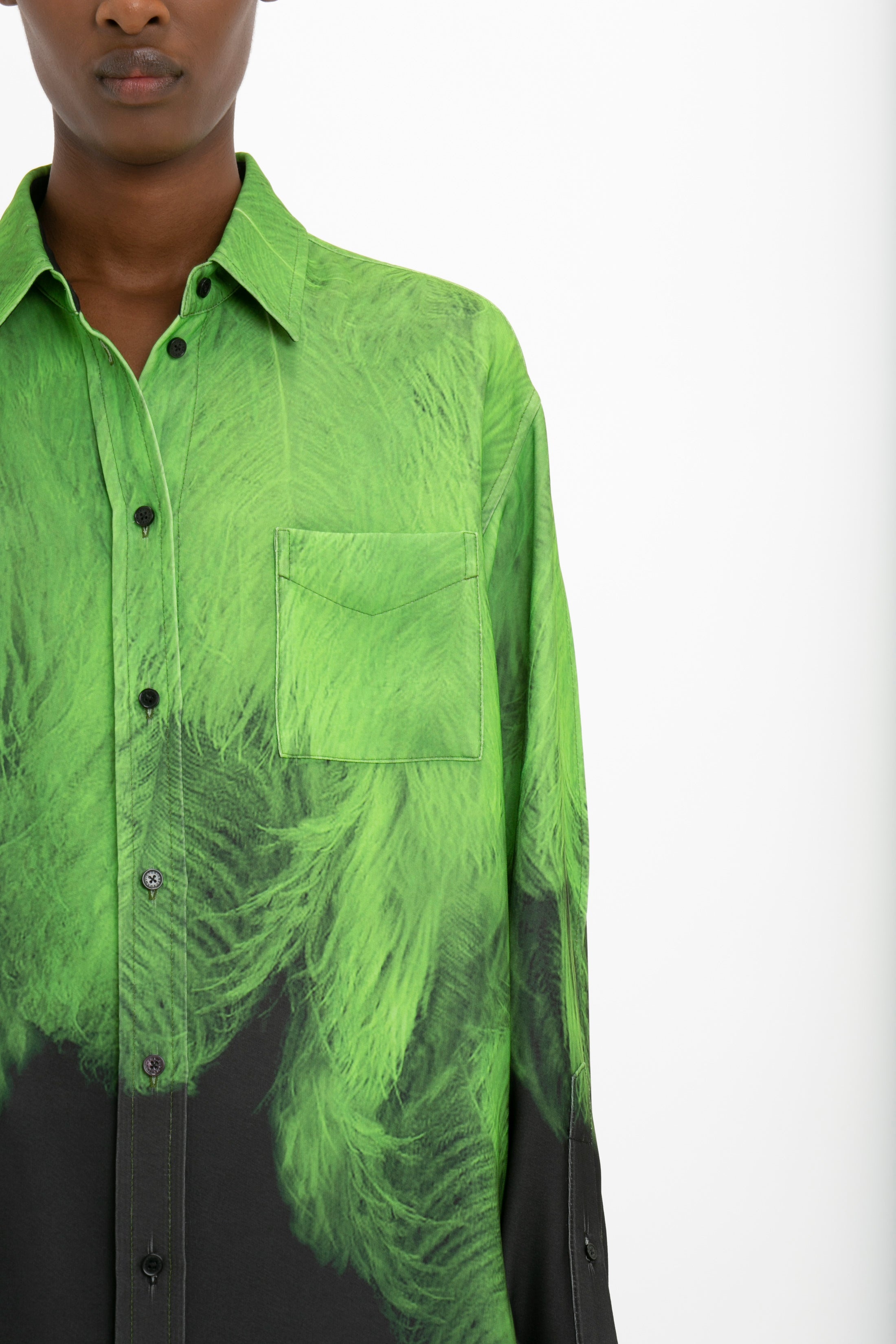 Oversized Digital Feather Print Shirt in Black-Green - 6