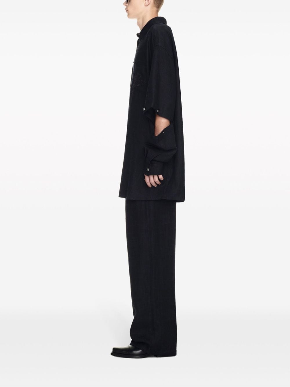 logo-embroidered panelled linen shirt jacket - 3