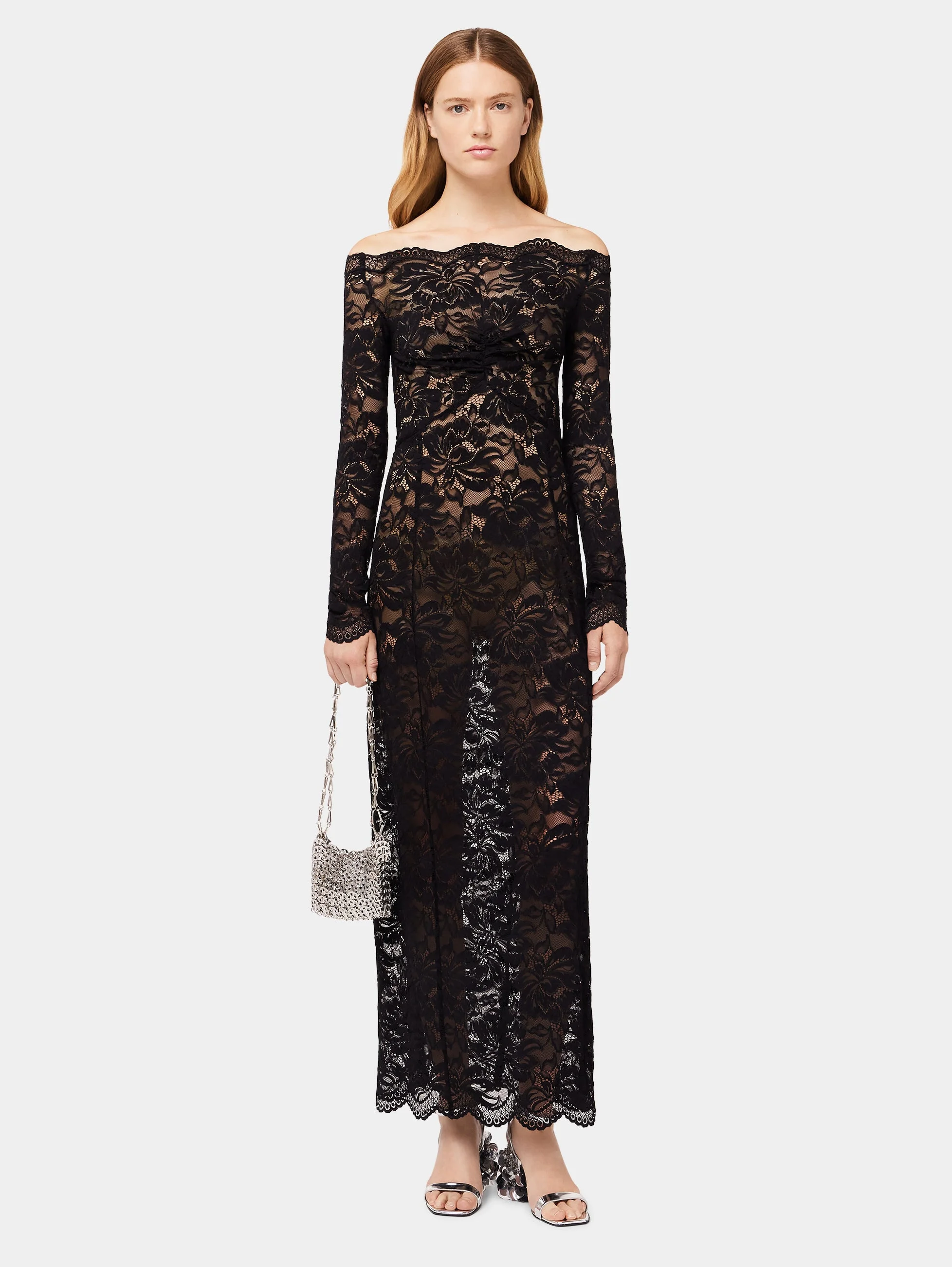 LONG BLACK LACE DRESS WITH BARDOT COLLAR - 1