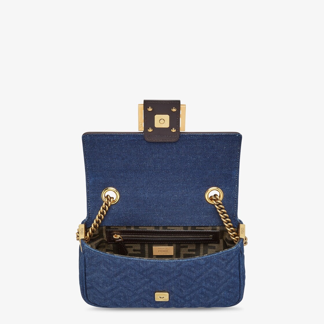 Iconic medium Baguette bag with chain, made of dark blue denim with a 3D texture FF motif. Decorated - 4