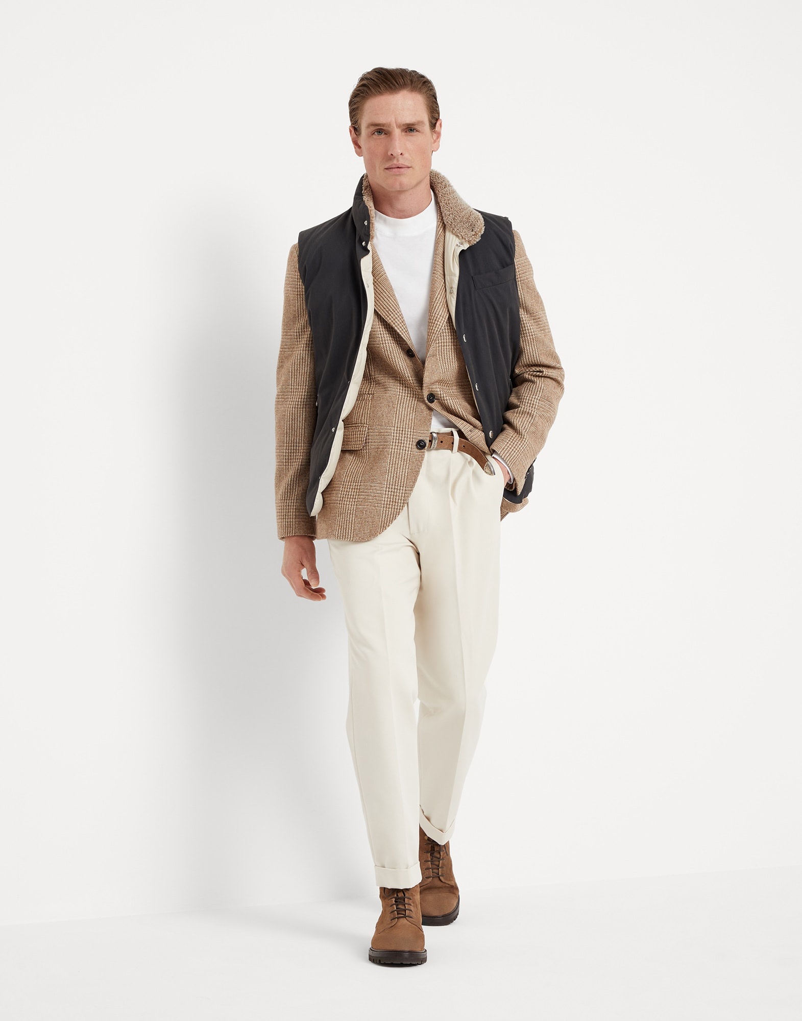 Techno cotton gabardine down vest with shearling insert - 5