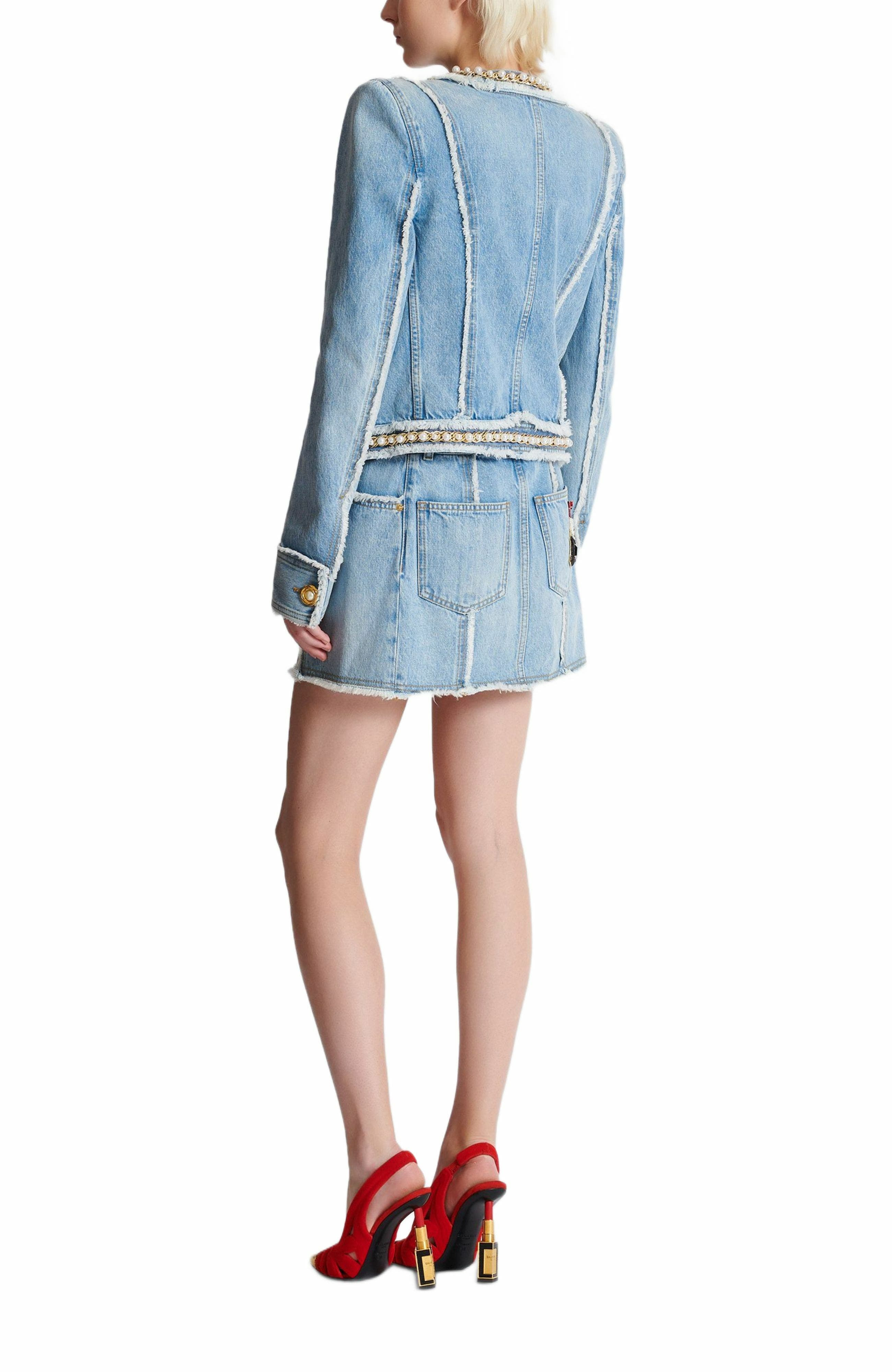 Balmain Denim jacket with pearl trim in Blue at Nordstrom - 4