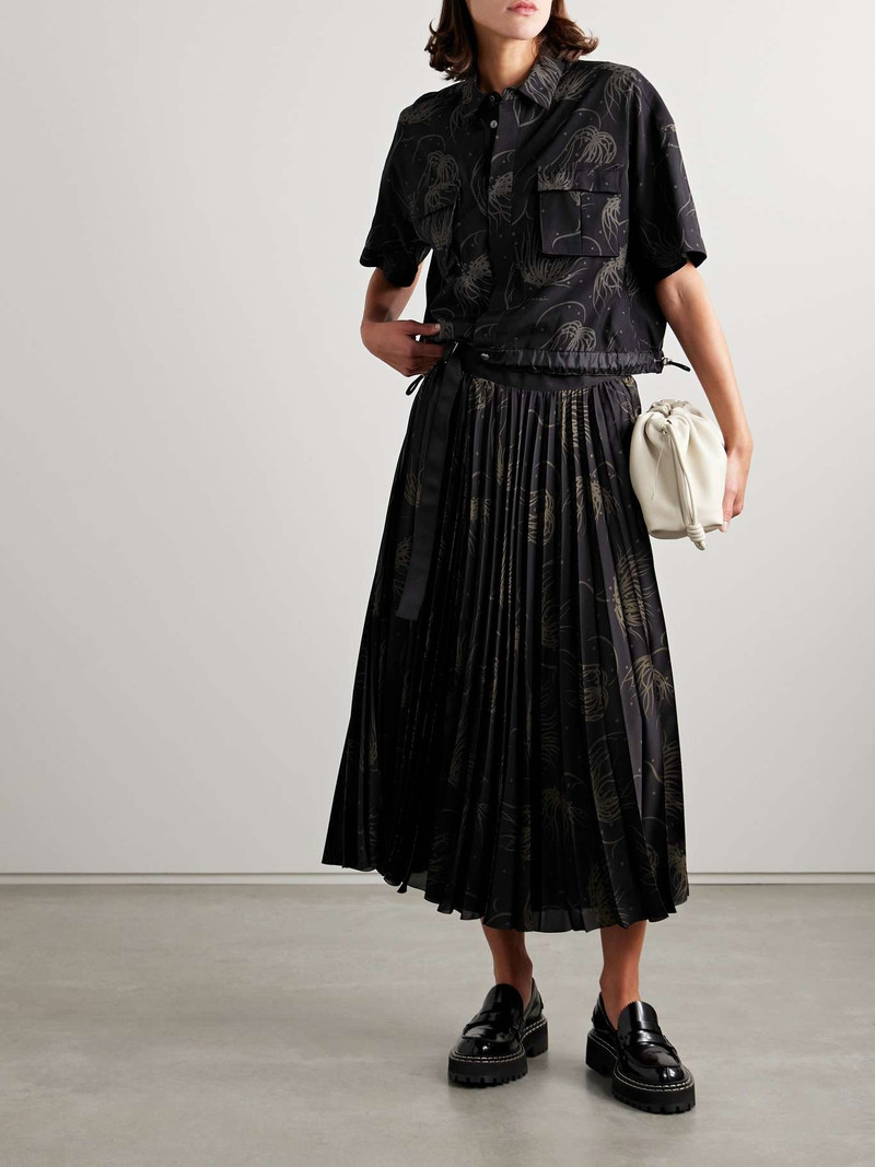 sacai Wrap-effect pleated printed satin midi skirt Black outlook