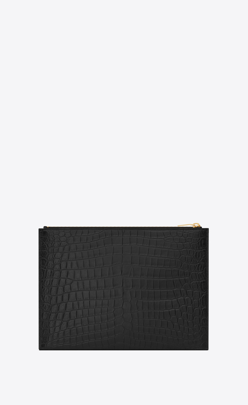 SAINT LAURENT tiny monogram zipped tablet holder in crocodile embossed matte leather outlook