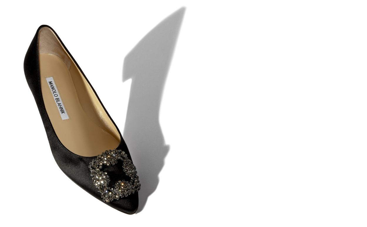Black Satin Jewel Buckle Flat Shoes - 2