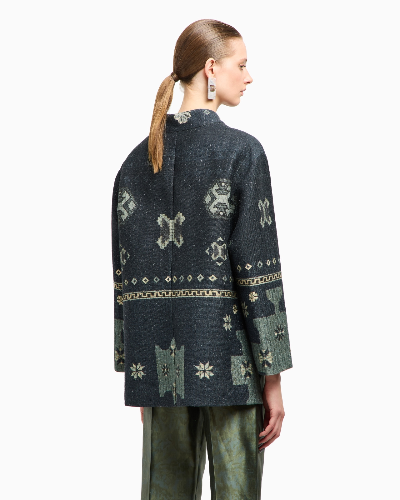 PRINTED TUSSAH SILK AND COTTON PEA COAT - 3