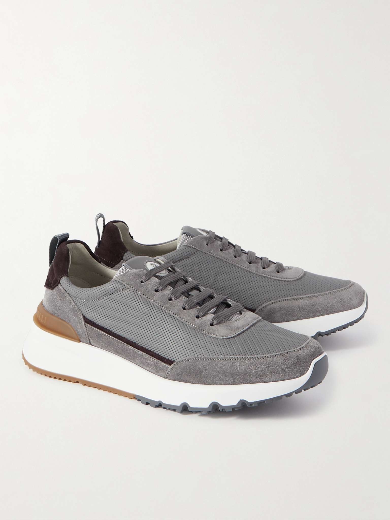 Perforated Leather and Suede Sneakers - 4