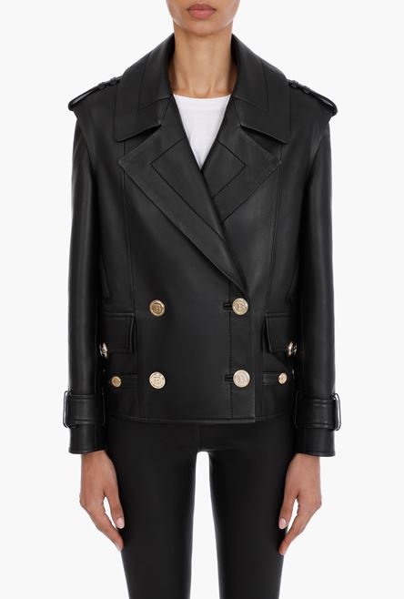 Black leather pea coat with gold-tone buttons - 5