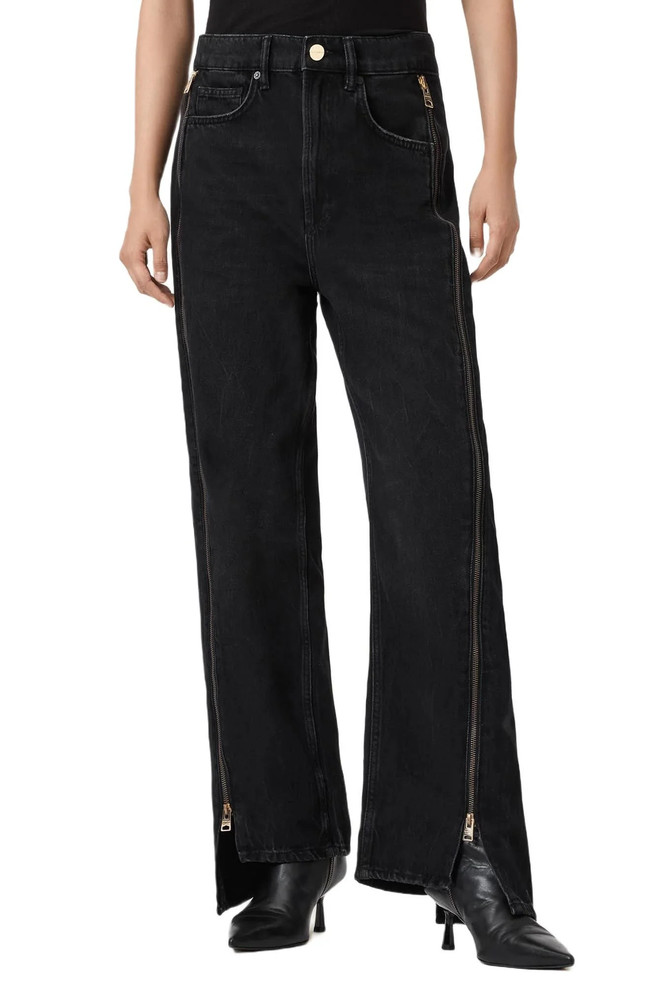 AllSaints Frankie Side Zip Detail Step Hem Wide Leg Jeans in Washed Black at Nordstrom - 1