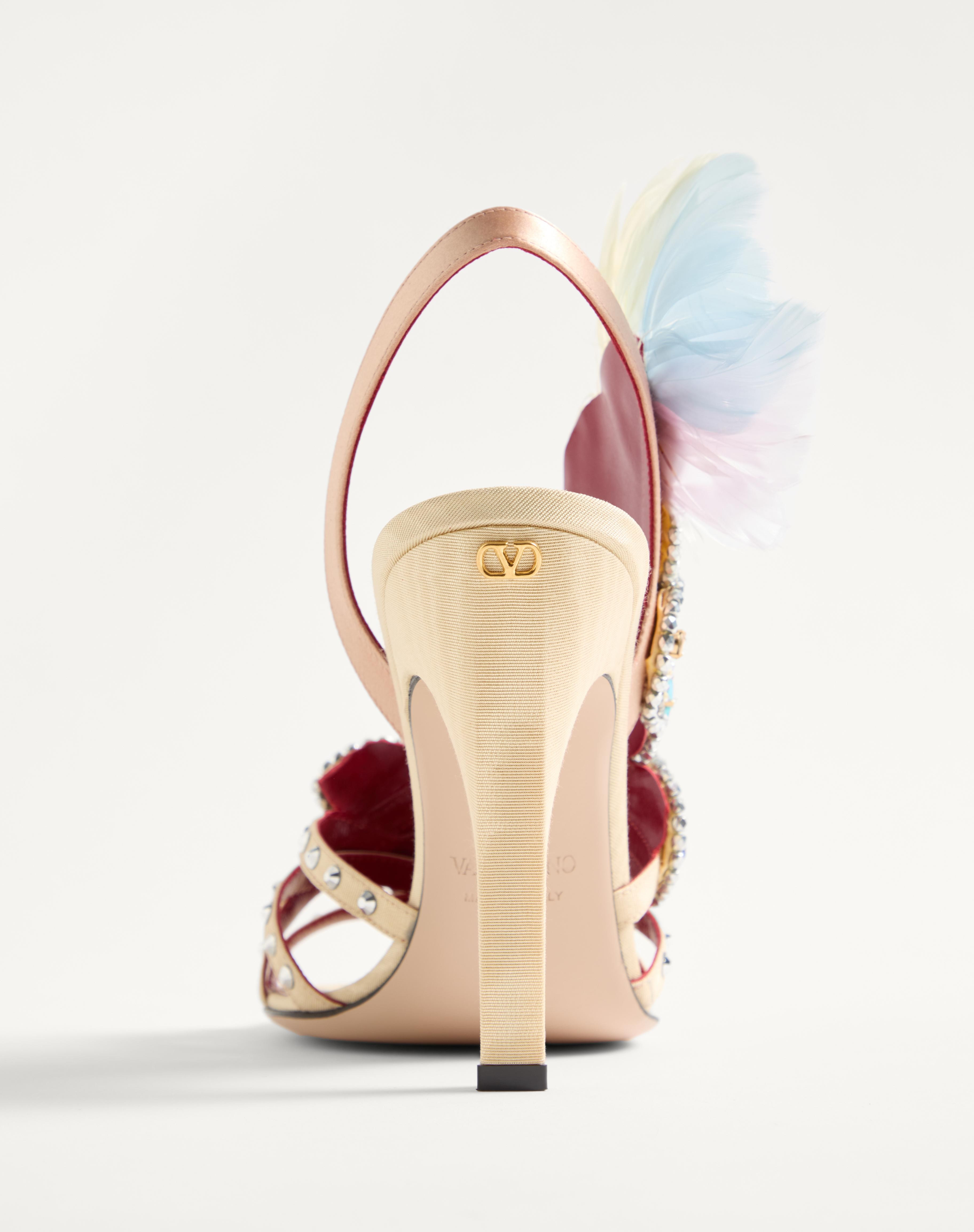 DANS LE FOYER SANDAL IN MOIRÉ FABRIC WITH FLORAL EMBROIDERY AND FEATHERS 105MM - 7