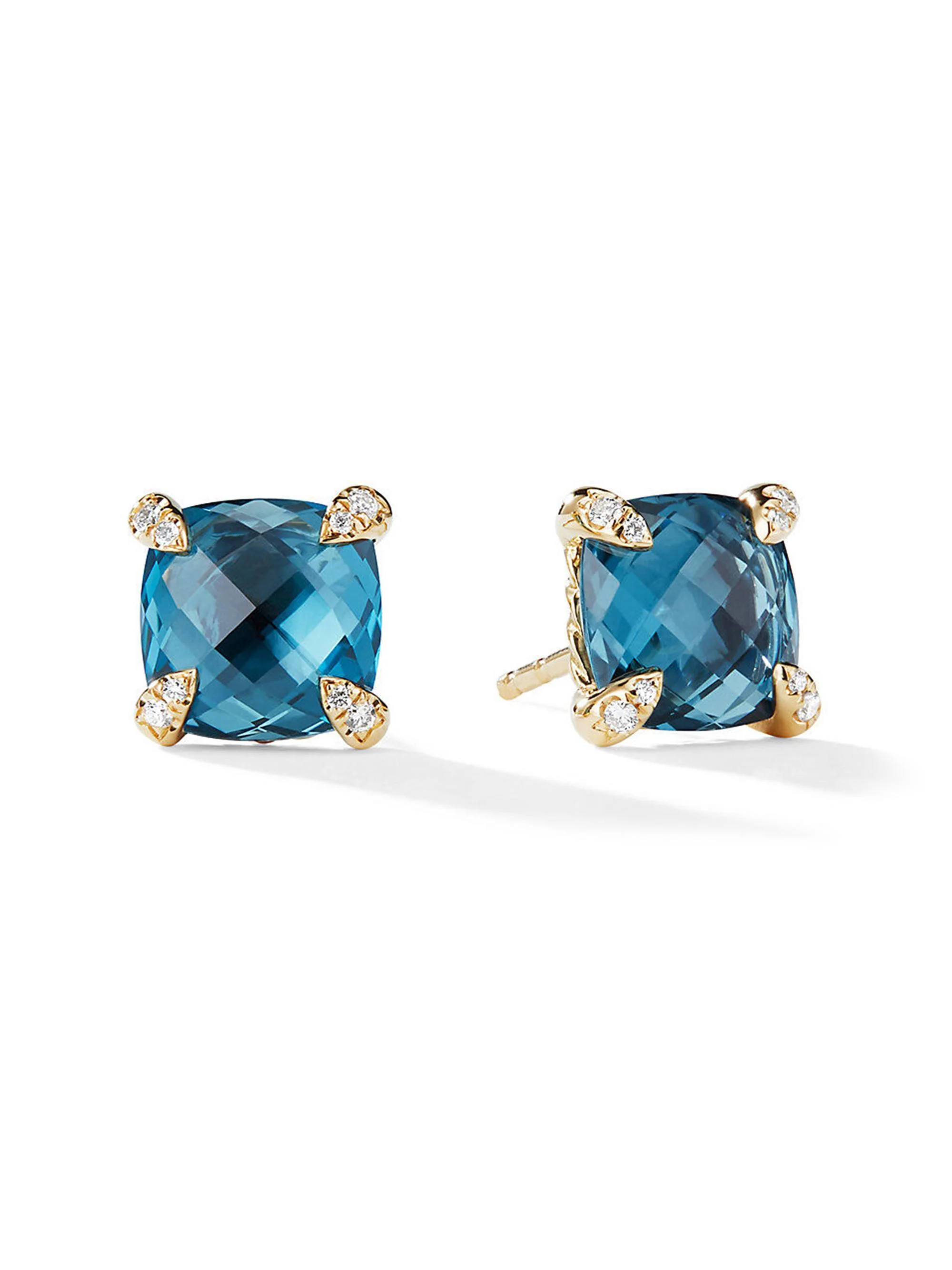 Women's Chatelaine Stud Earrings in 18K Yellow Gold with Pavé Diamonds - Hampton Blue Topaz - 1