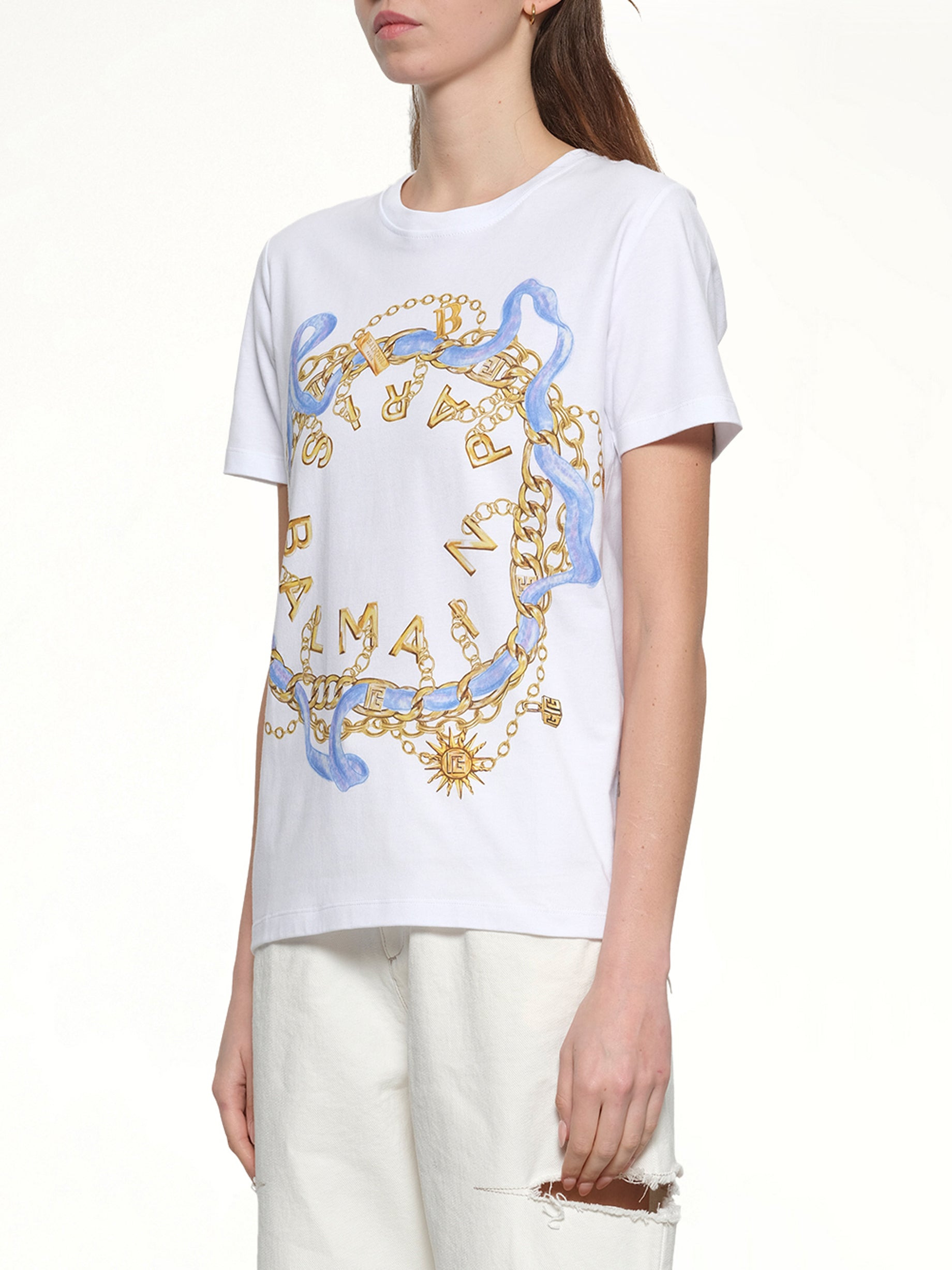 Balmain Paris Chain T-Shirt in White/Blue/Gold - 3