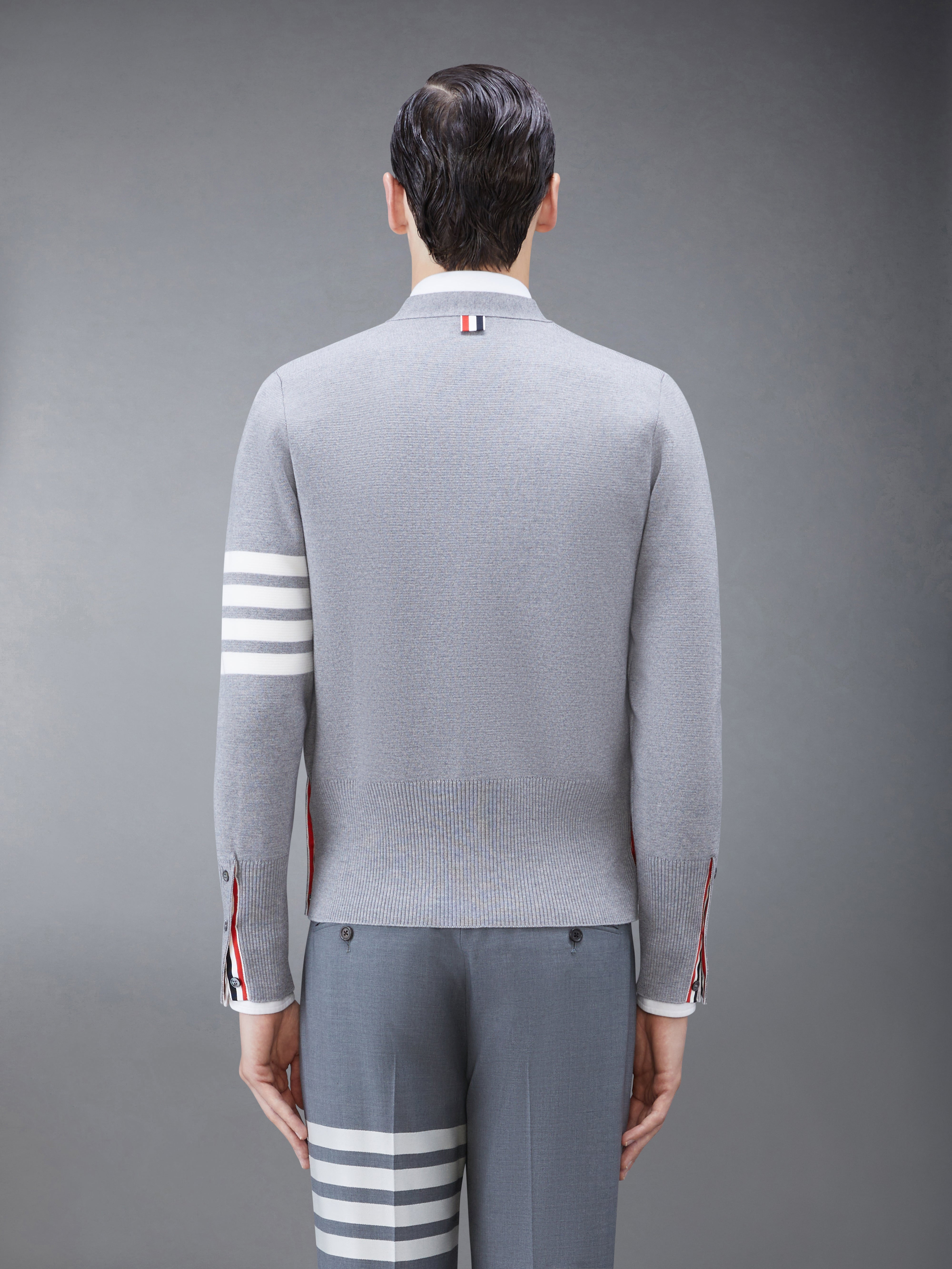 Light Grey Milano Stitch Fine Merino Wool 4-Bar V-Neck Cardigan - 2