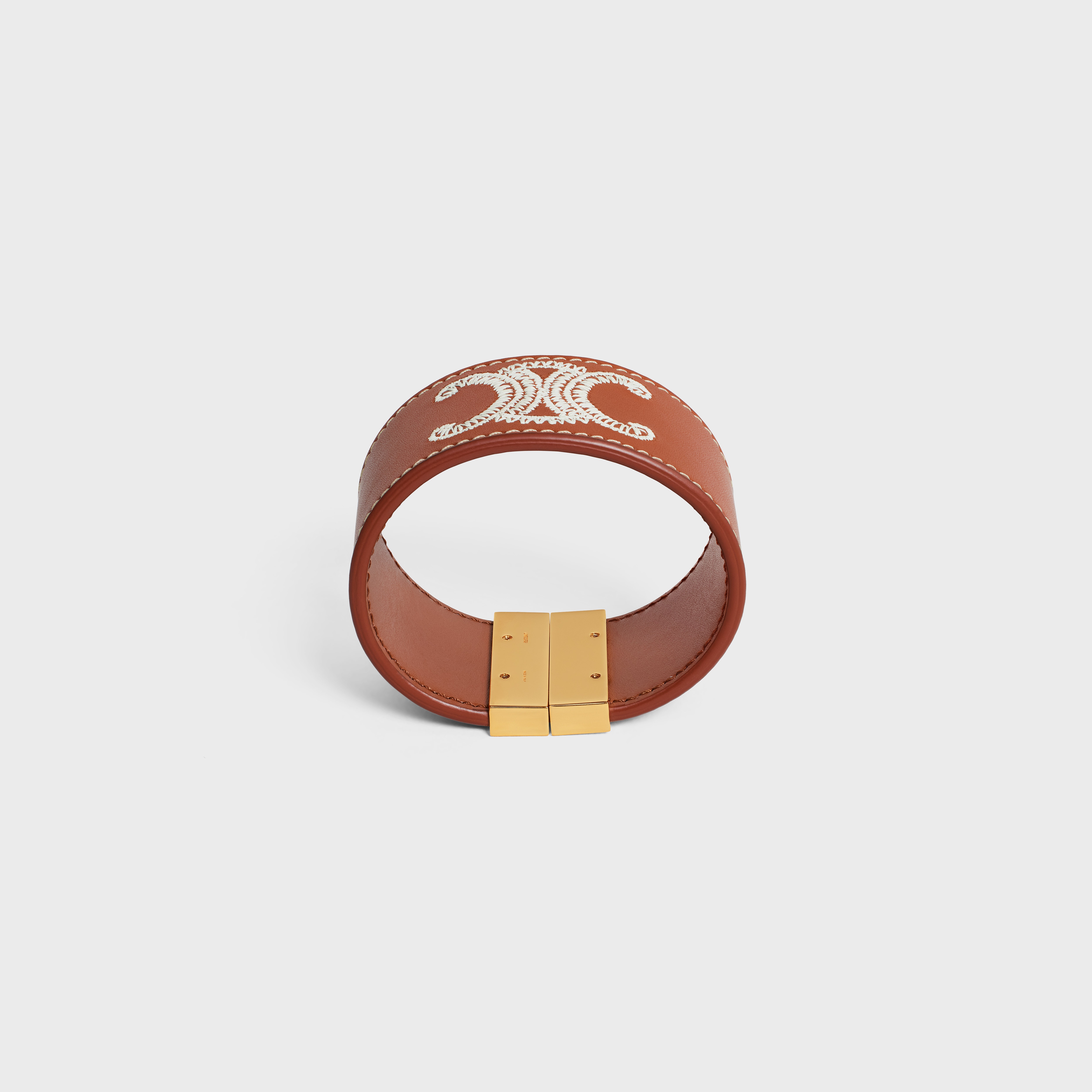 Triomphe Embroidered Leather Bracelet in Brass with Gold Finish and Calfskin - 1
