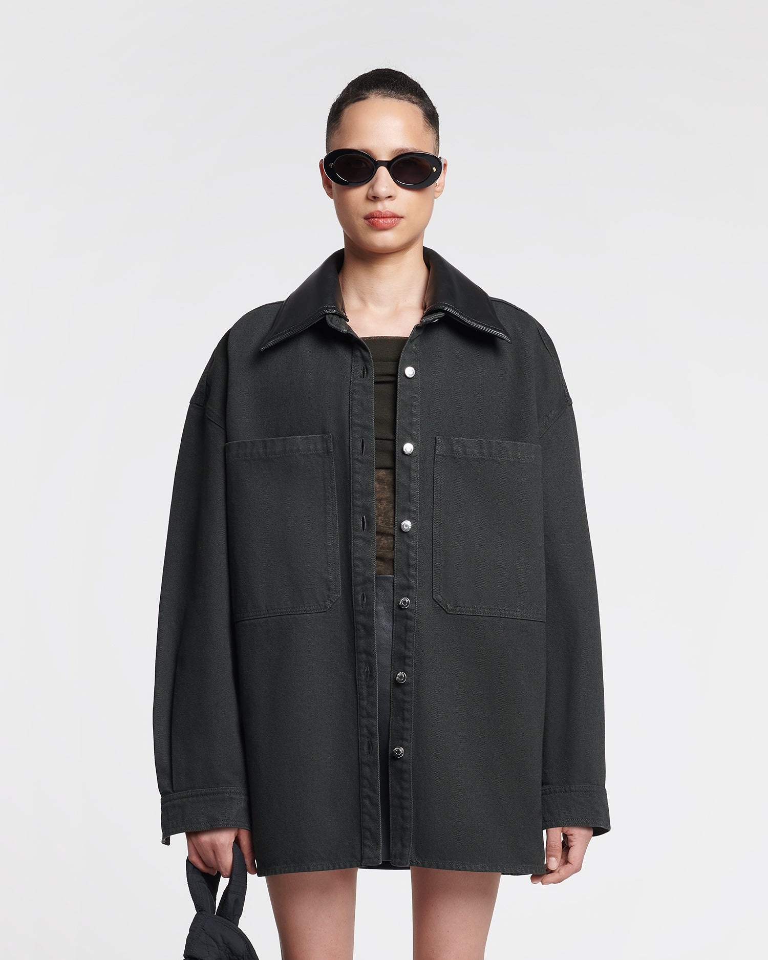 Leather-Trimmed Denim Shirt - 6