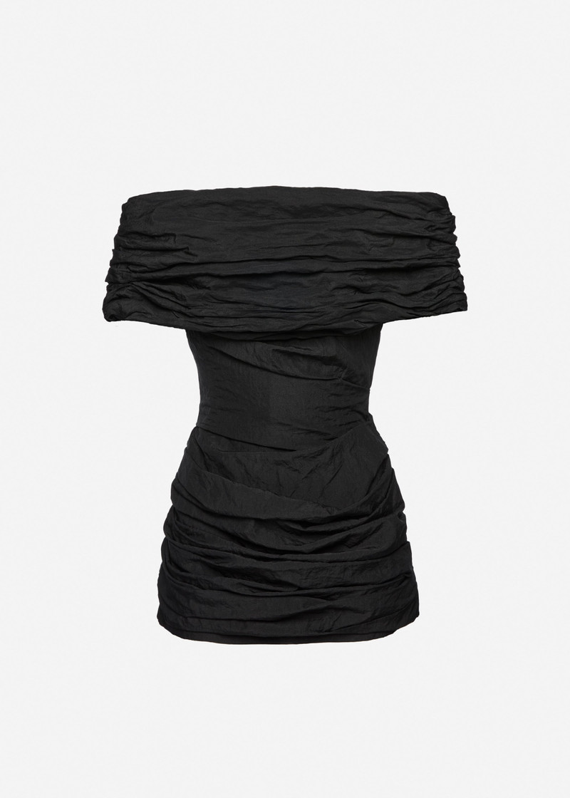 Off-shoulder draped mini dress in black 1