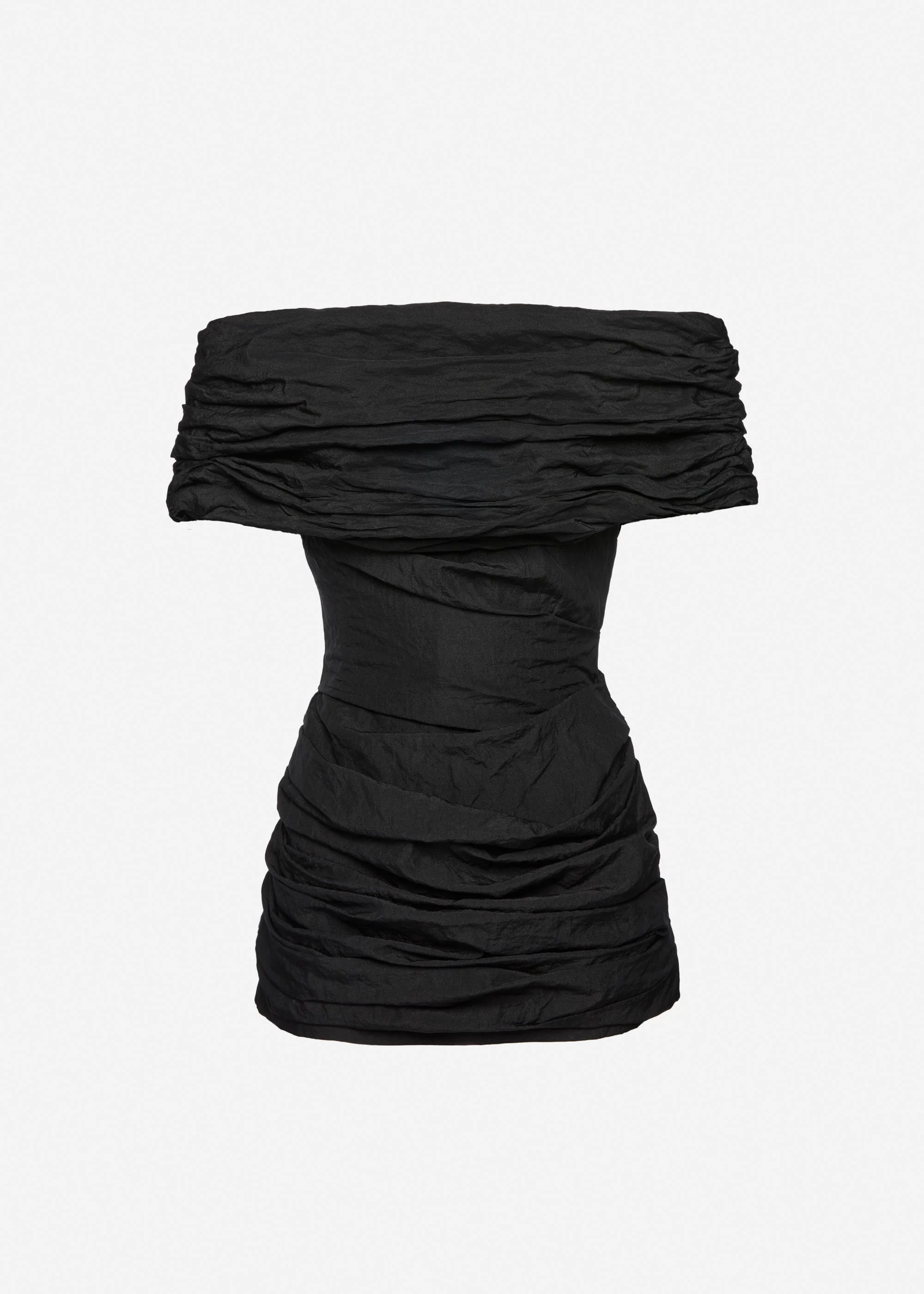 Off-shoulder draped mini dress in black - 1