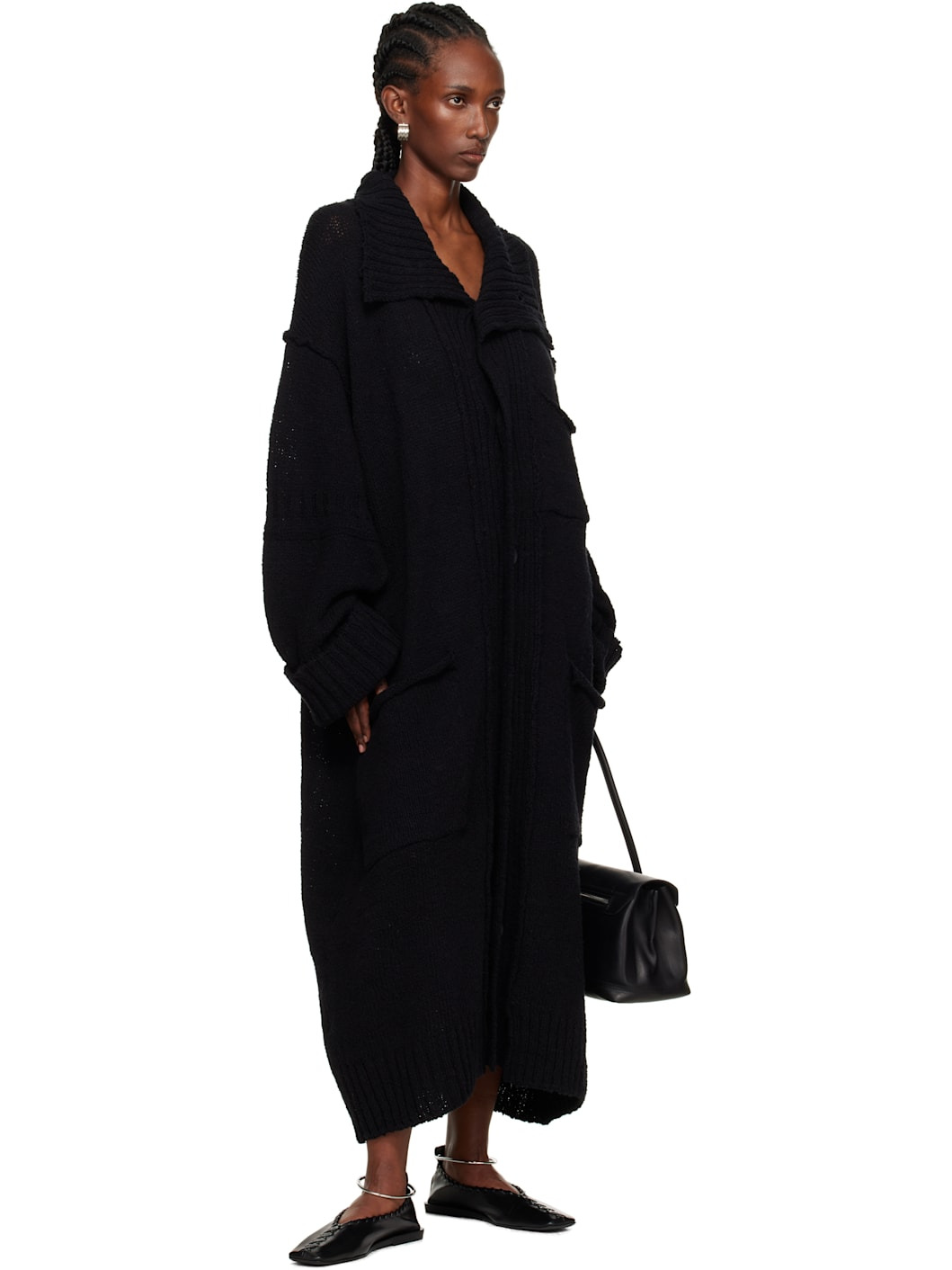 Black Plain Stitch Pocket High Neck Cardigan - 4