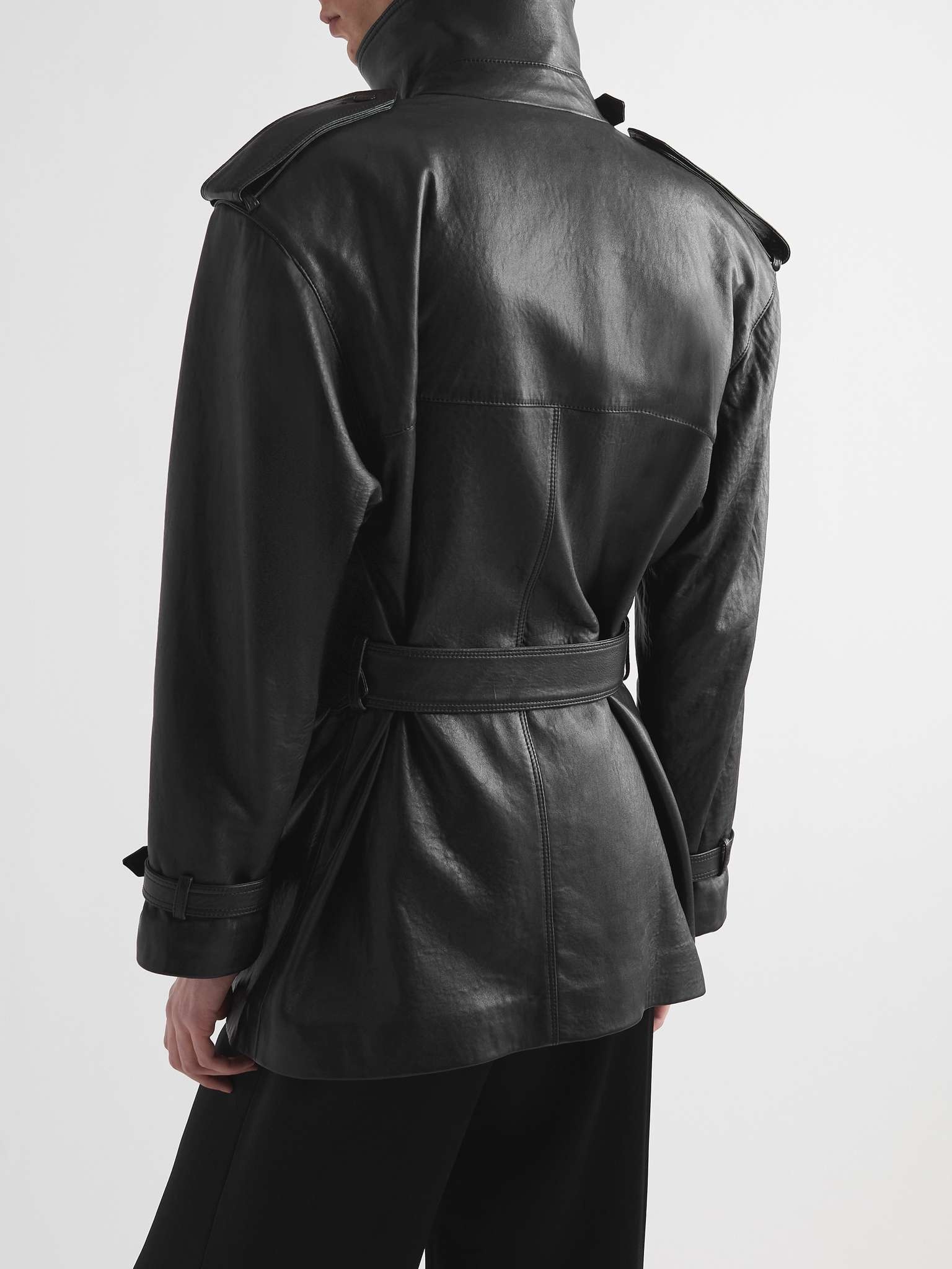 Double-Breasted Leather Trench Coat - 4