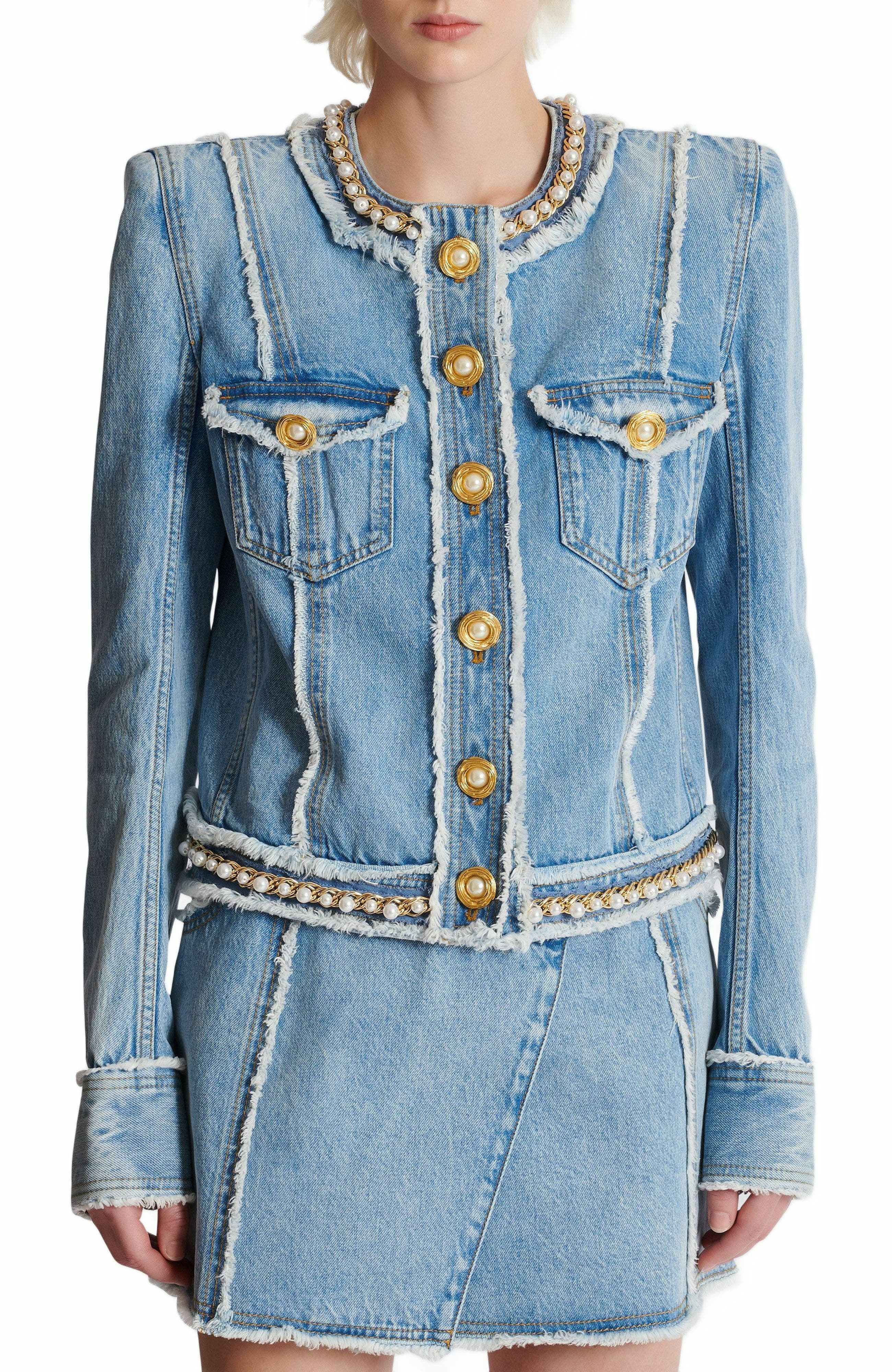 Balmain Denim jacket with pearl trim in Blue at Nordstrom - 5