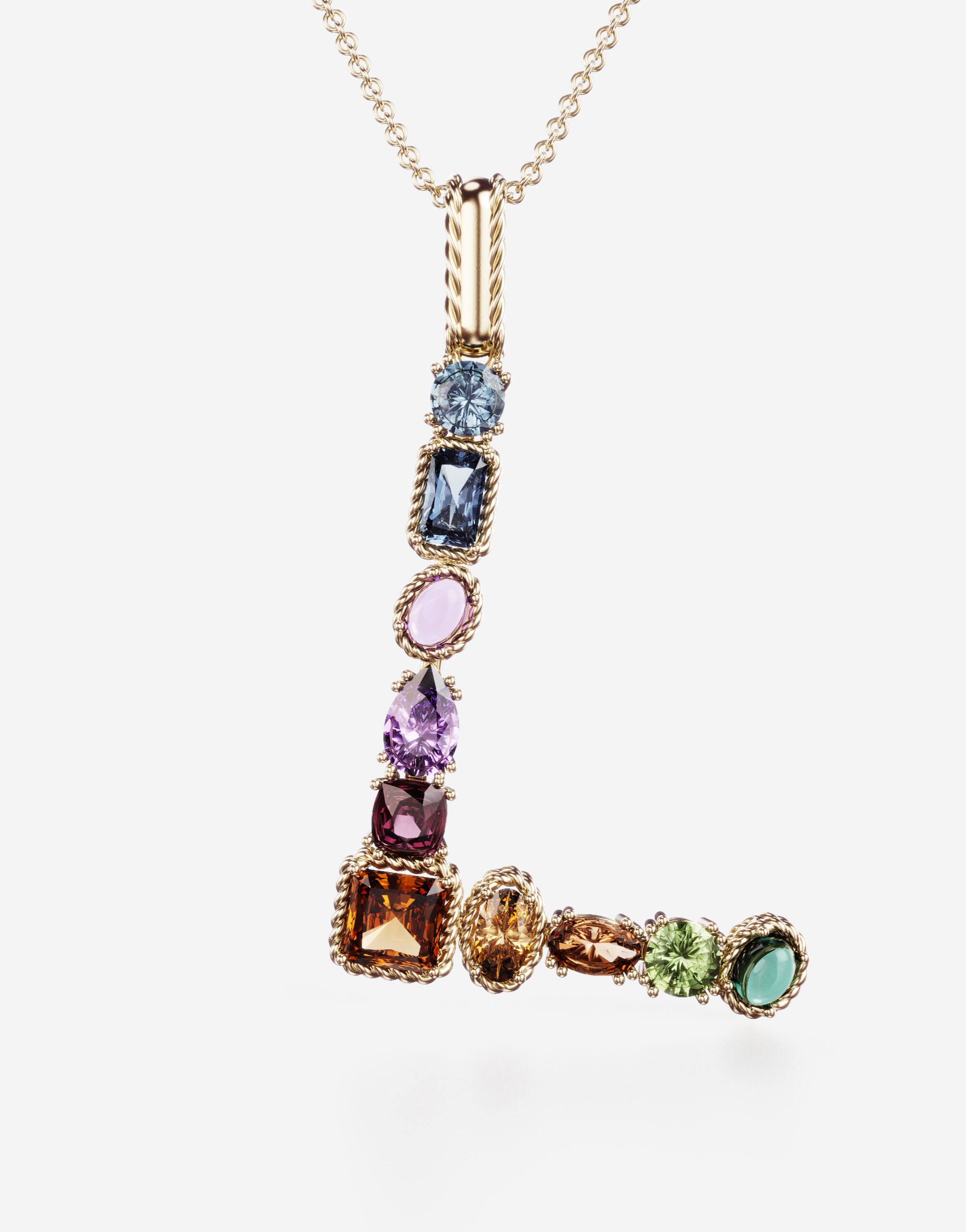 Rainbow alphabet L pendant in yellow gold with multicolor fine gems - 2