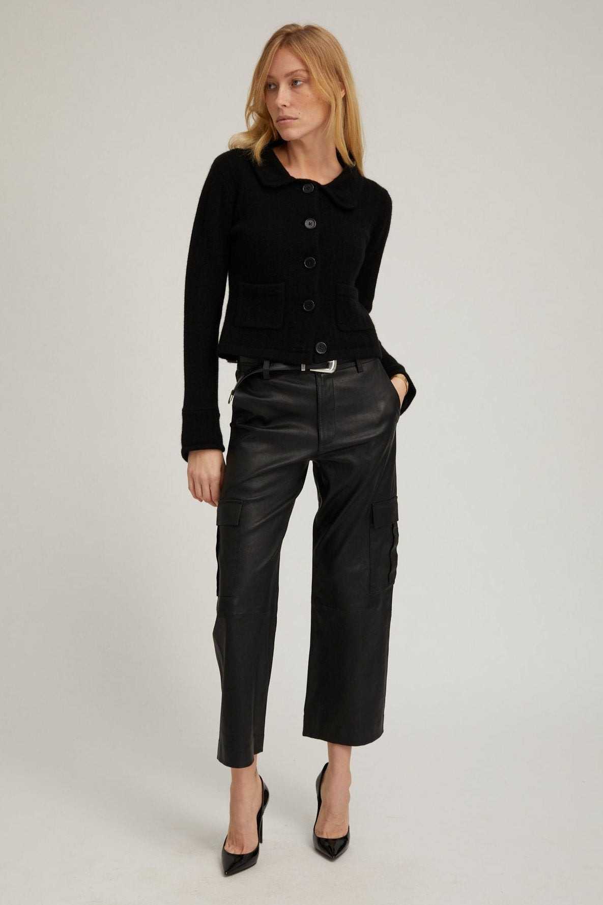 BLACK CASHMERE COLLARED CARDIGAN - 6