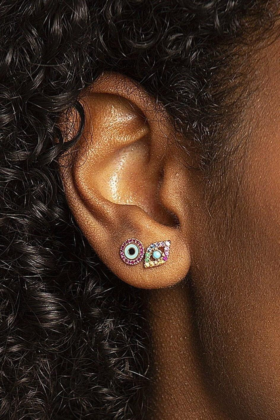 Large Bezel Turquoise Evil Eye Earring - 2