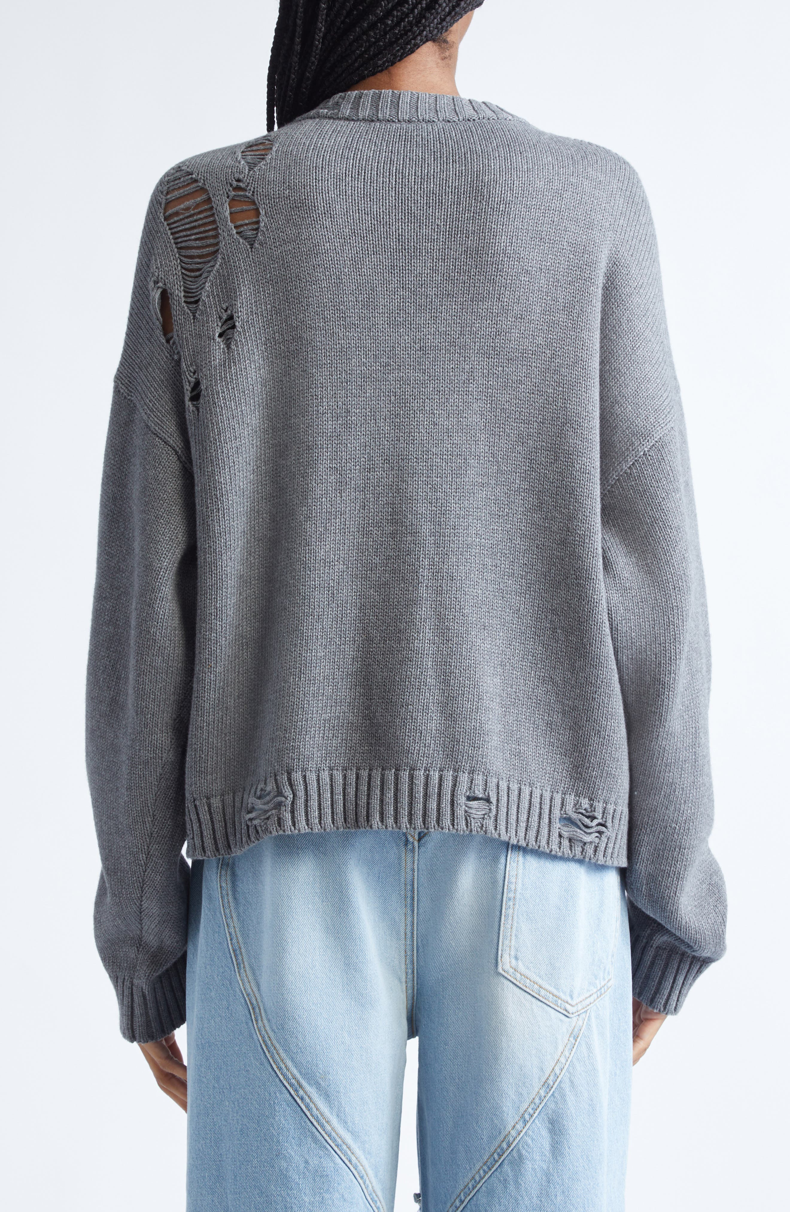 Area Distressed Crystal Cotton & Cashmere Cardigan in Heathered Grey at Nordstrom - 3
