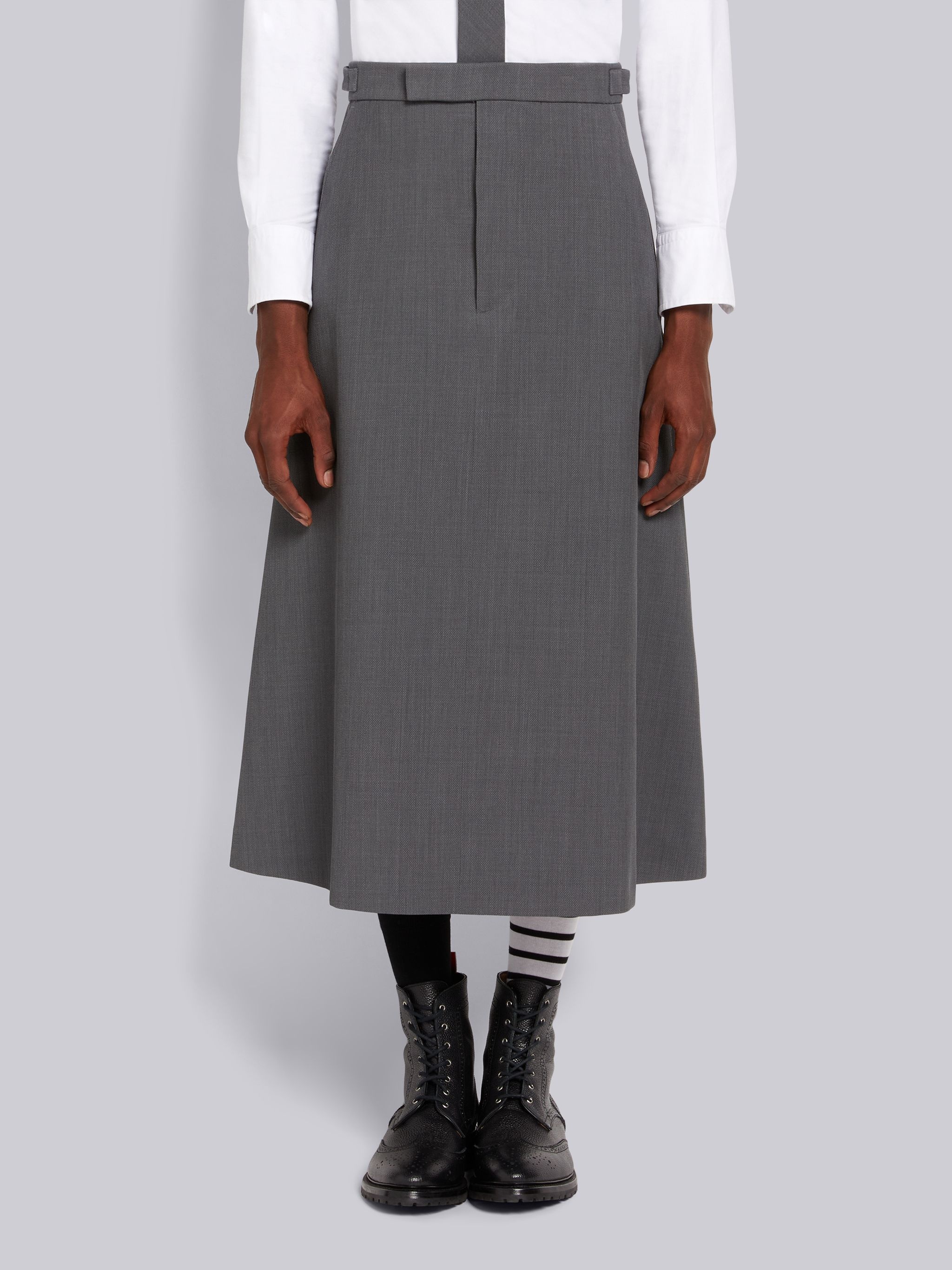 Medium Grey Wool Pique Suiting Calf Length A-line Skirt - 1