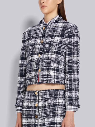 Thom Browne Navy Hairline Madras Ribbon Tweed Frayed Unconstructed Cardigan Jacket outlook