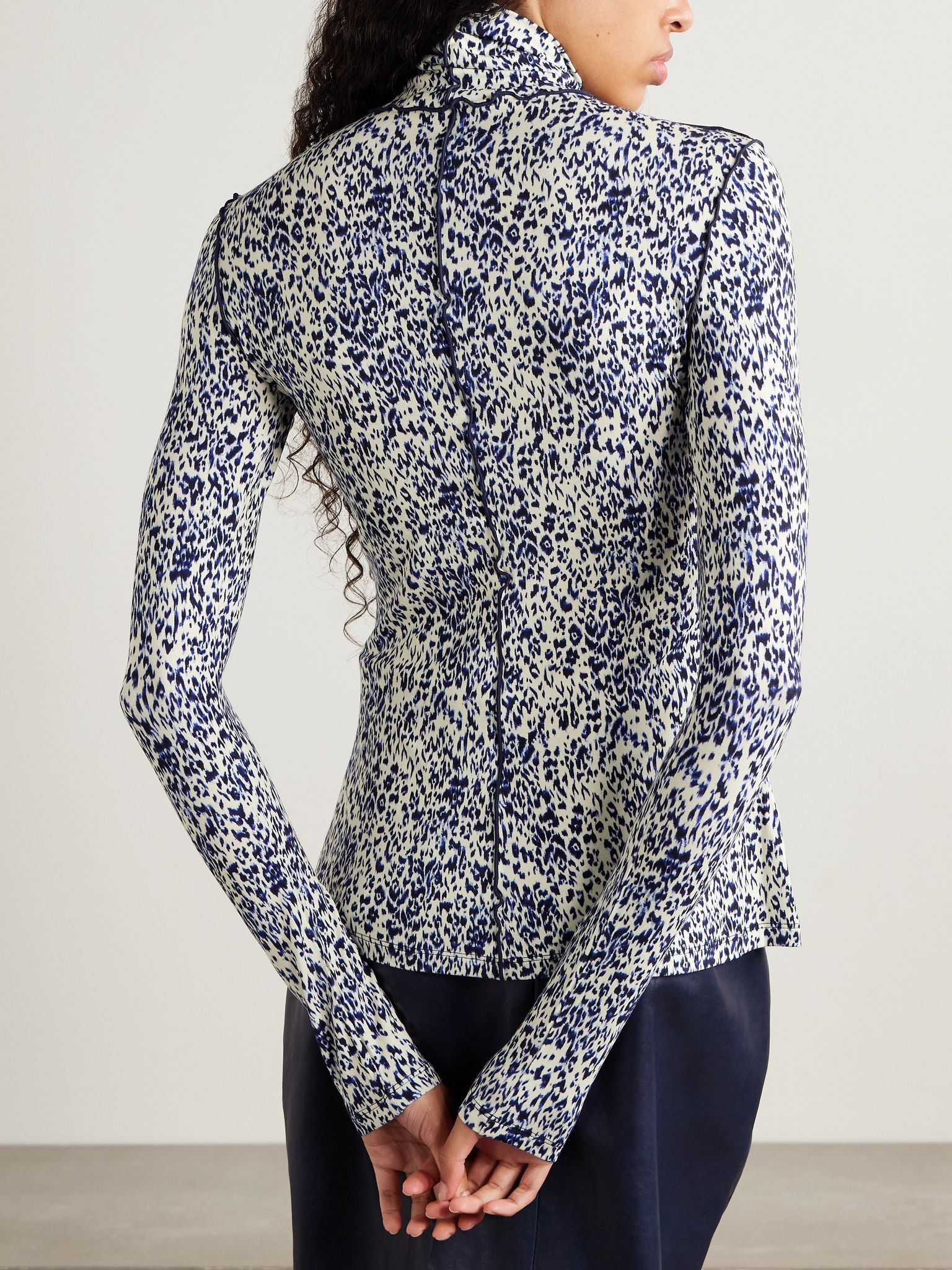 Audrey ruffled cheetah-print jersey turtleneck top Blue - 4